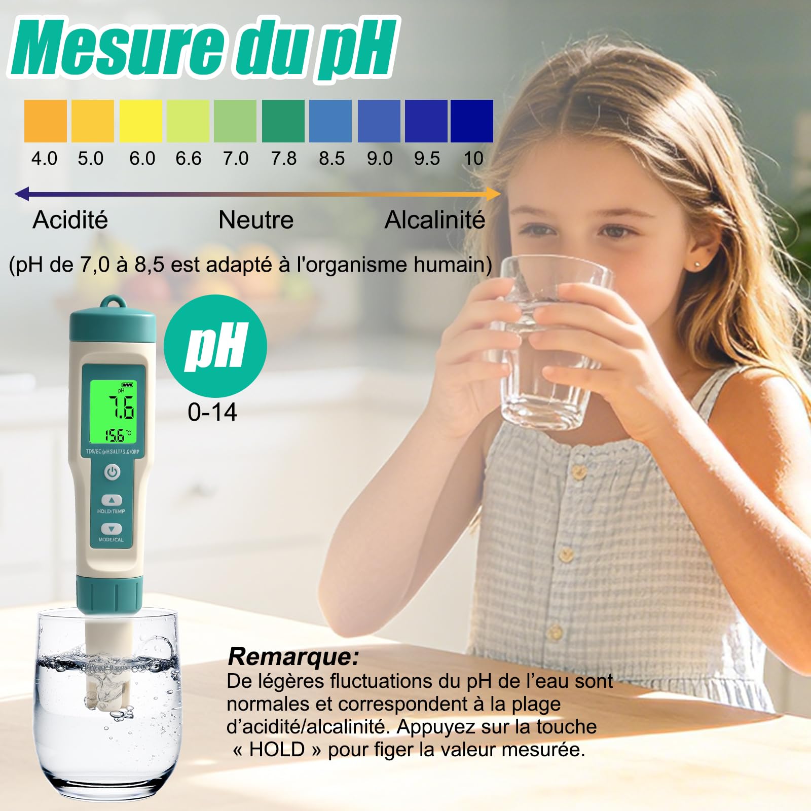 Testeur pH Salinité Piscine, Mesure de EC TDS ORP H2 SALT S.G Temp | 8 in 1 analyseur d'eau de piscine, testeur electronique eau pH, mesure electronique spa, aquarium, eau potable