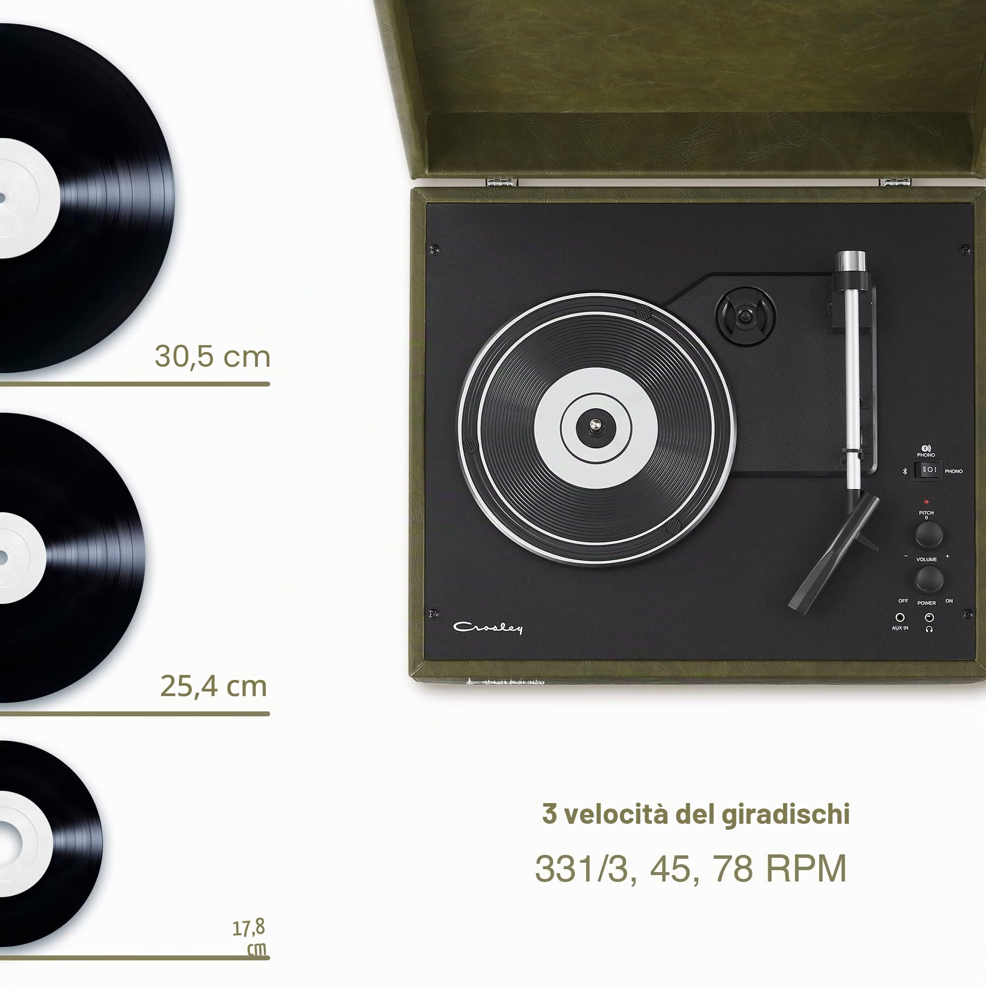 Crosley Mercury Giradischi Vinili con Bluetooth In/out - Giradischi Vintage Design - Lettore di Dischi a 3 Velocità - Per 7", 10" e 12" - Portatile con Custodia Integrata - Verde