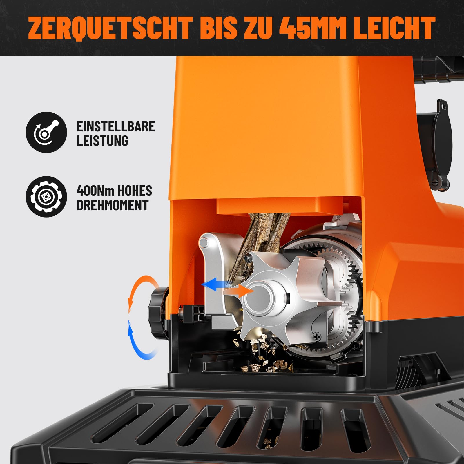 DOVAMAN GT10 APEX Gartenhäcksler, 2800W Bürstenloser Motor, 400Nm Drehmoment, 6-Zahn-Walzenmesser, bis 45mm, 60L Box