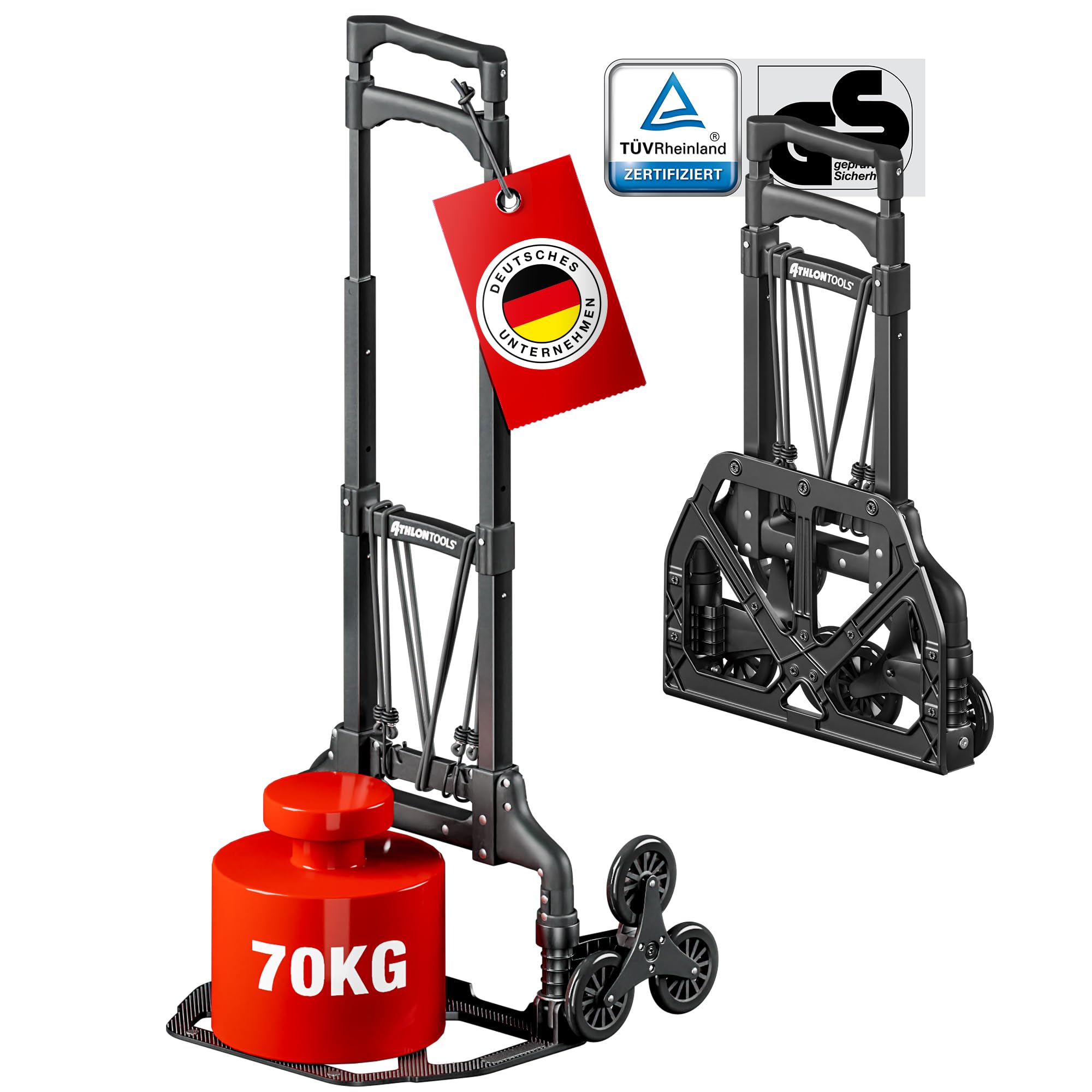 ATHLON TOOLS Treppensteiger Sackkarre klappbar TÜV geprüft – Profi Treppensackkarre aus Aluminium leicht - Extra Langer Griff 110cm & Ladefläche mit Anti Rutsch Pads - Transporthilfe für Treppen