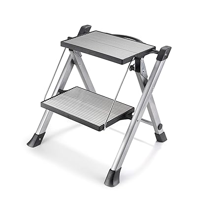 Polder Easy-Close 2-Step Ladder, Lightweight Aluminum, Non-Skid Rubber feet for Stability, Easy-fold and Storage, Height 17.5