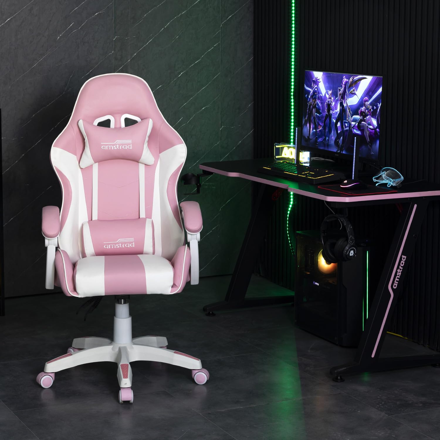 Amstrad AMS-800-ROSY Fauteuil/Chaise de Bureau Gamer Rose & Blanc - Coussin Lombaire & appuie tête