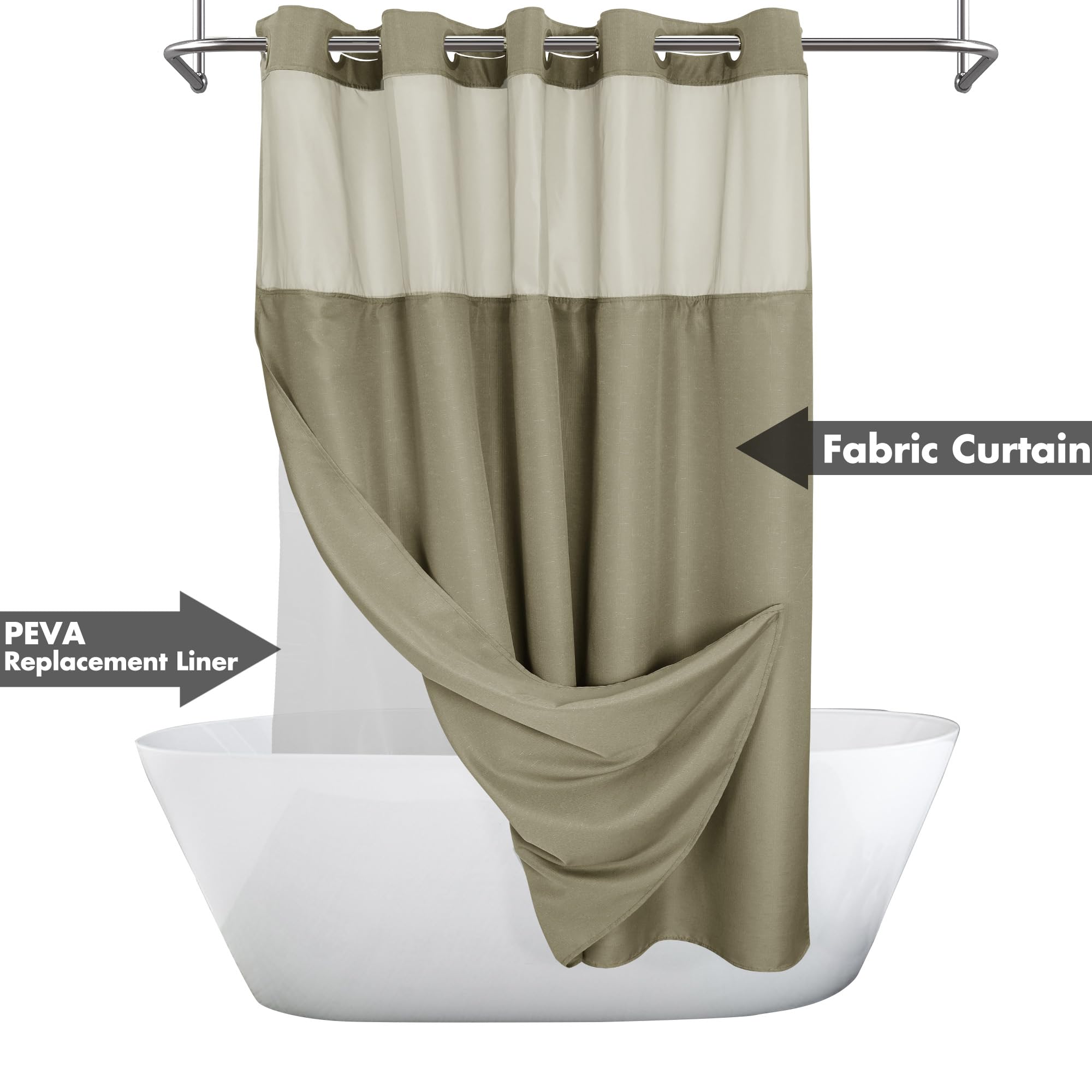 No Hook Slub Textured Shower Curtain with Snap-in PEVA Liner Set, 71" x 74"(72"), Hotel Style with See Through Top Window - Image 2