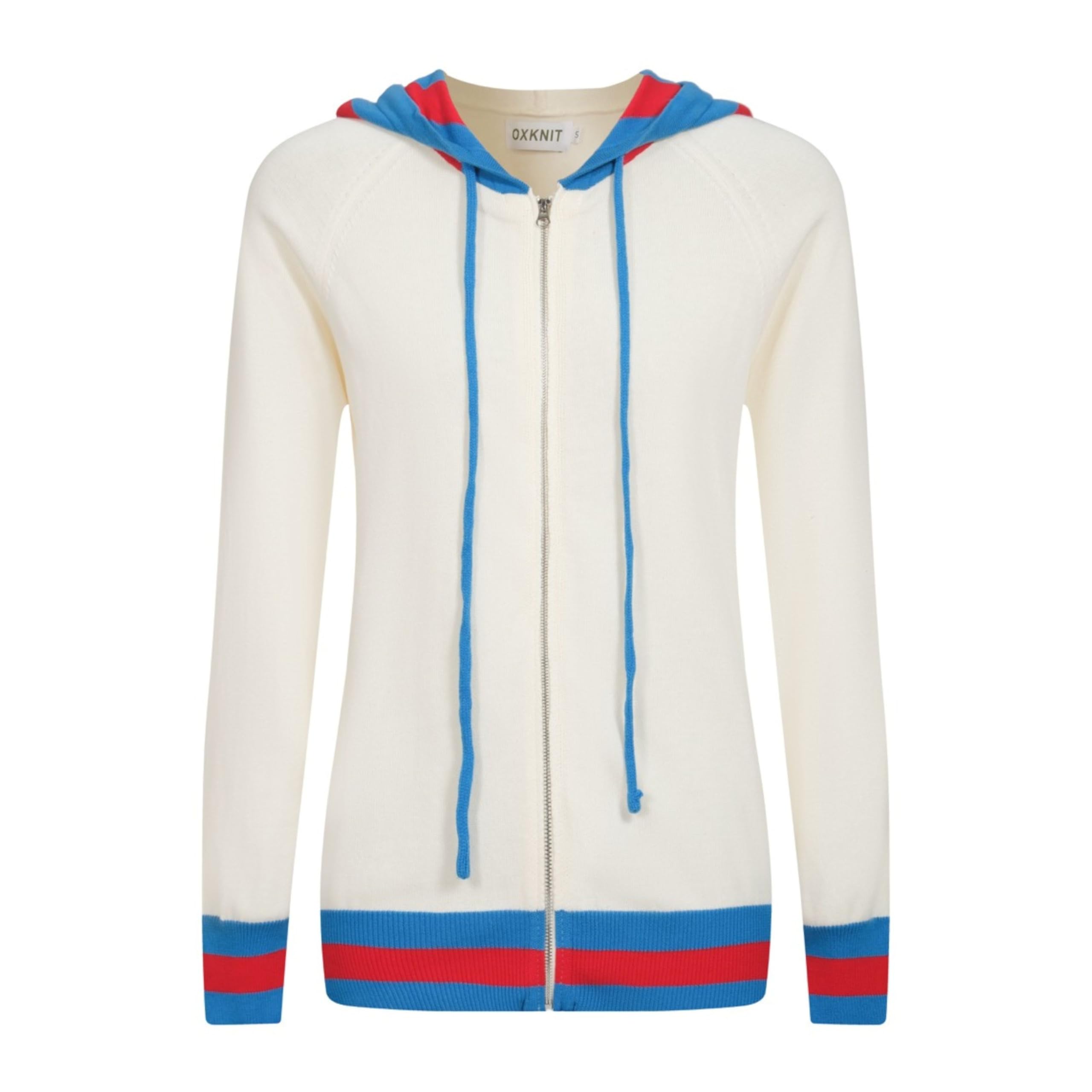 OXKNIT Womens Cardigan Sweaters Full Zip Casual White Cardigan Blue Red Stripe Hooded Sweaters