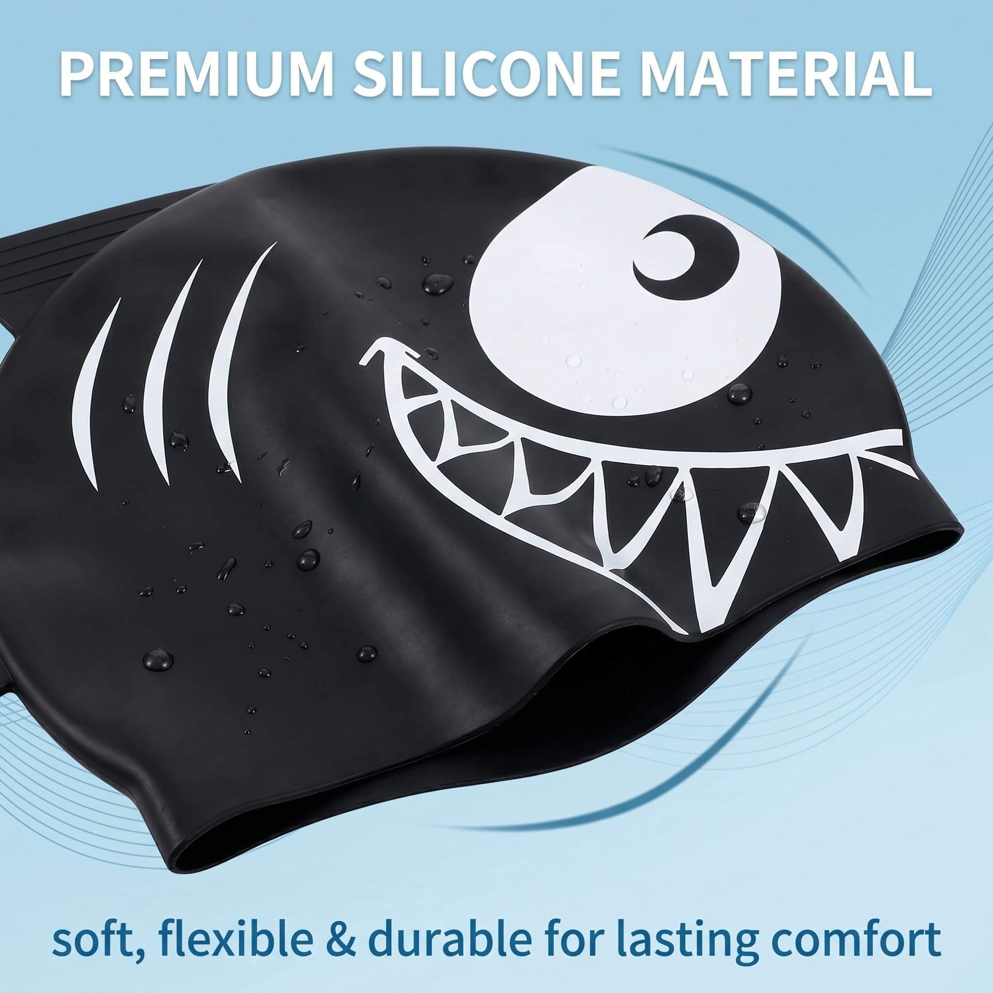 Set 2 cuffie nuoto squalo bambini, cuffia piscina nera e grigia con faccia squalo e pinna, accessori per lezioni nuoto allenamento vacanze al mare e giochi in acqua
