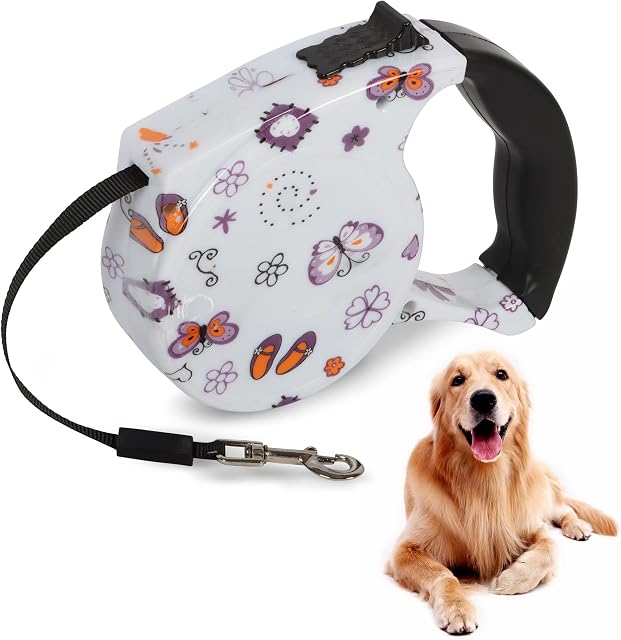 Beaface Retractable Dog Lead Extendable 16ft/5M, Retractable Dog Leads for Small Medium Dogs Up to 25KG, Extendable Dog Leads with Anti-Slip Handle, Anti-Tangled Strong Nylon Tape (Butterfly Flowers)