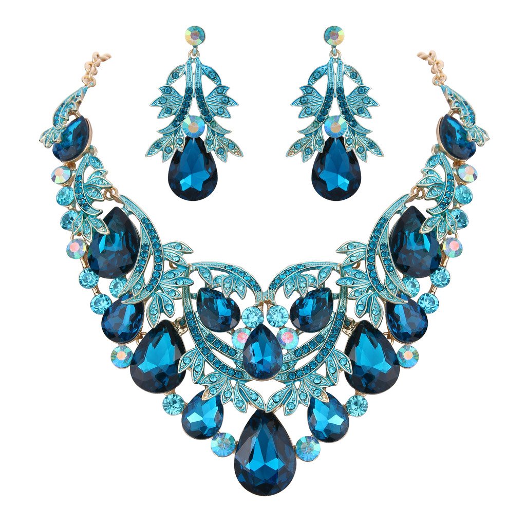 Clearine Juego de joyas para fiesta nupcial bohemio gota de cristal hoja ahuecada collar llamativo conjunto de pendientes colgantes para mujer