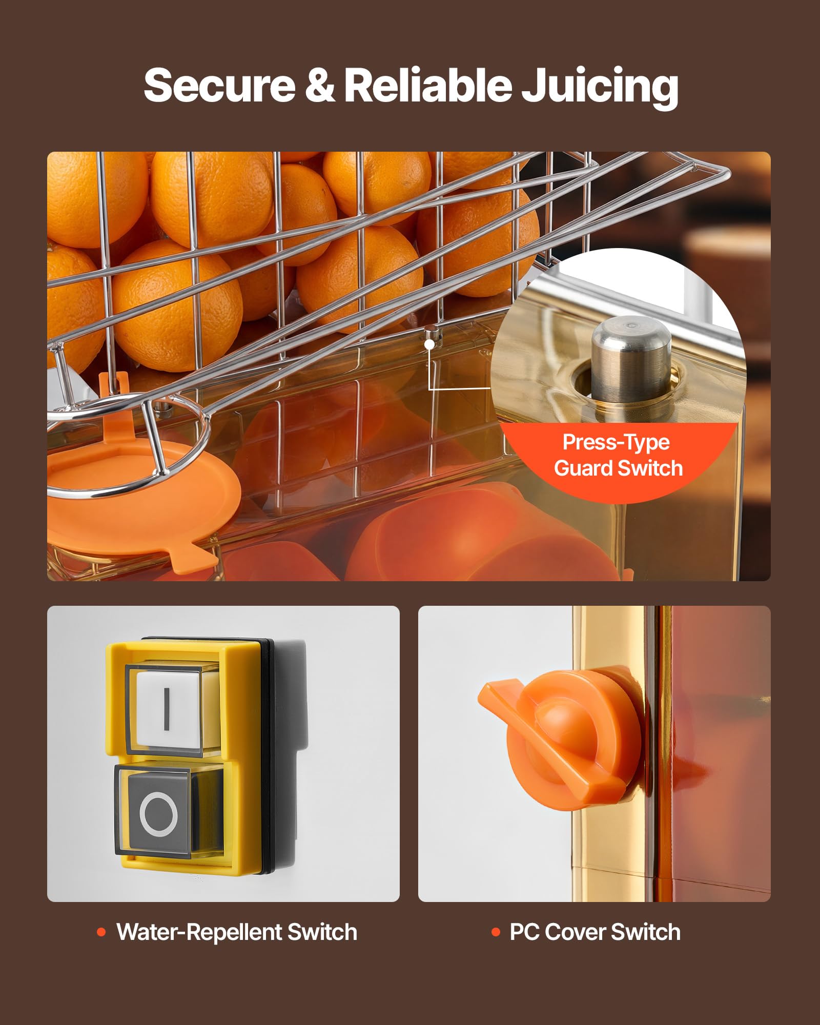 VEVOR Exprimidora de Naranjas Comercial 120 W de Acero Inoxidable y PC, Eléctrica, Con 2 Recipientes Recolectores, Capacidad para Hasta 20 Naranjas por Minuto, Para Limones y Cítricos 55-80 mm