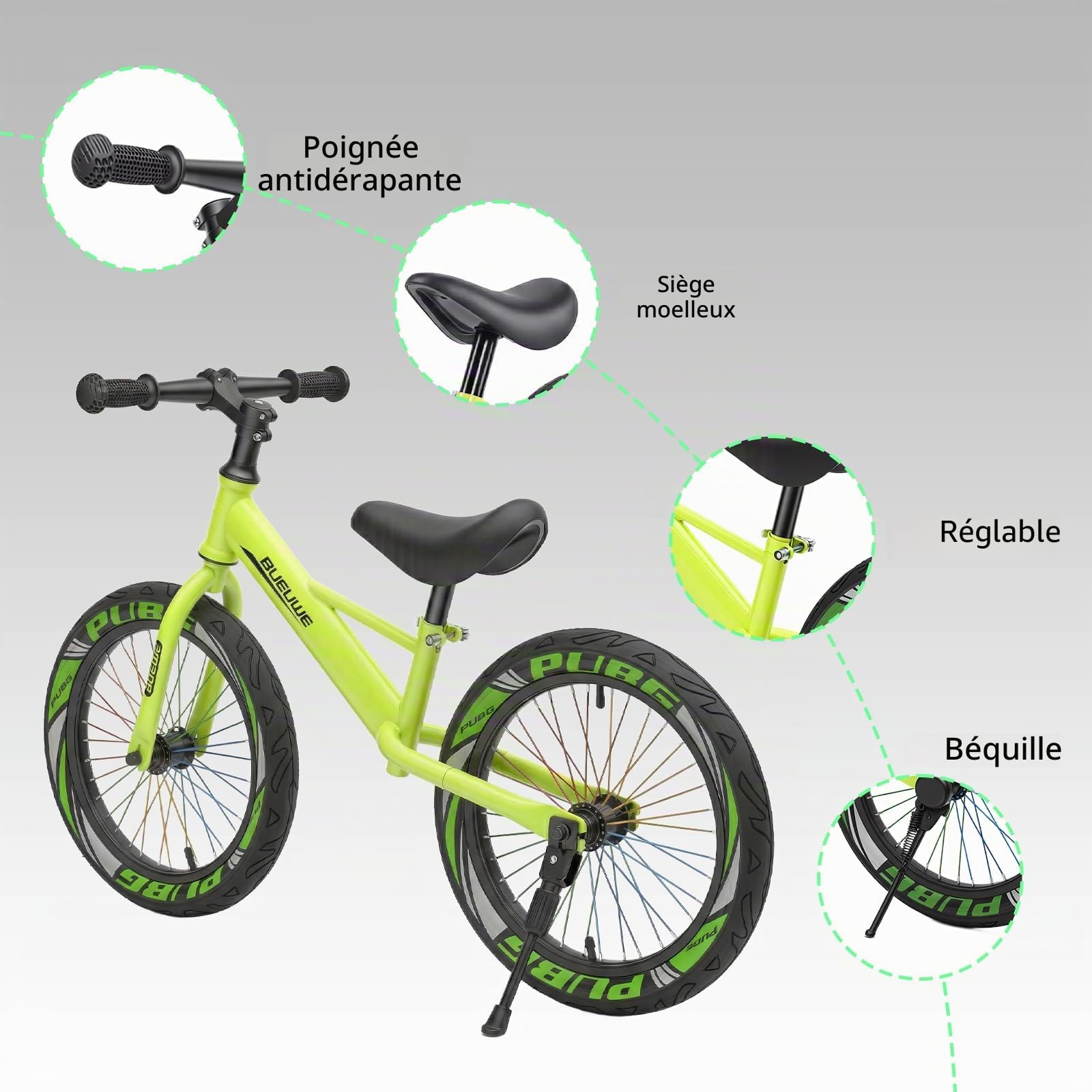 Vélo de 16 pouces pour enfants de 5 à 8 ans, pneus pneumatiques, roues lumineuses, siège réglable en hauteur, cadre en acier robuste avec poignée de transport et béquille