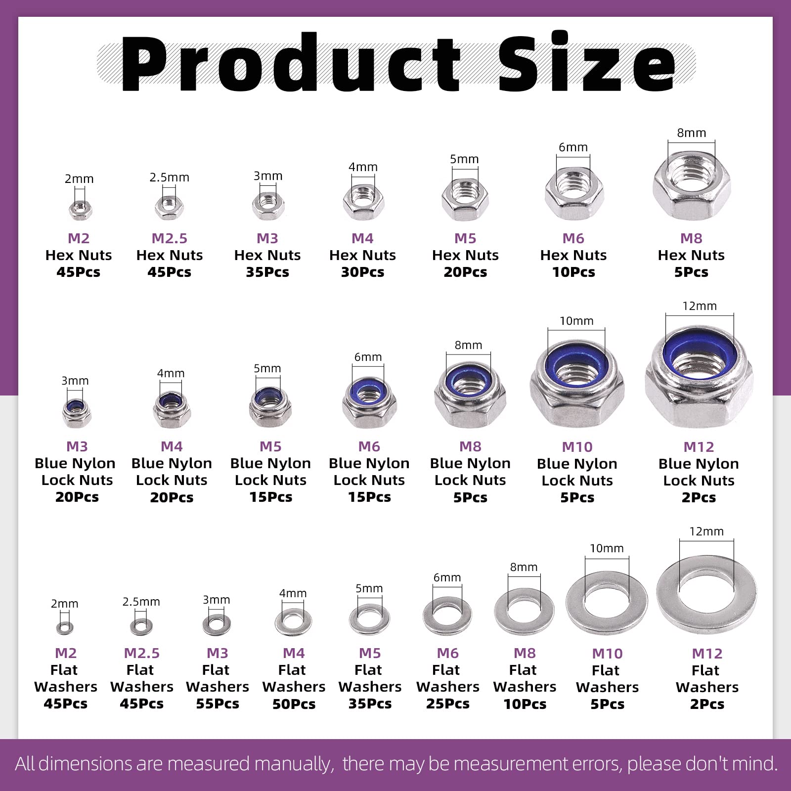Swpeet 544Pcs Metric 304 Stainless Steel Hex Lock Nuts and Hex Nuts with Flat Washers Assortment Kit - Image 2