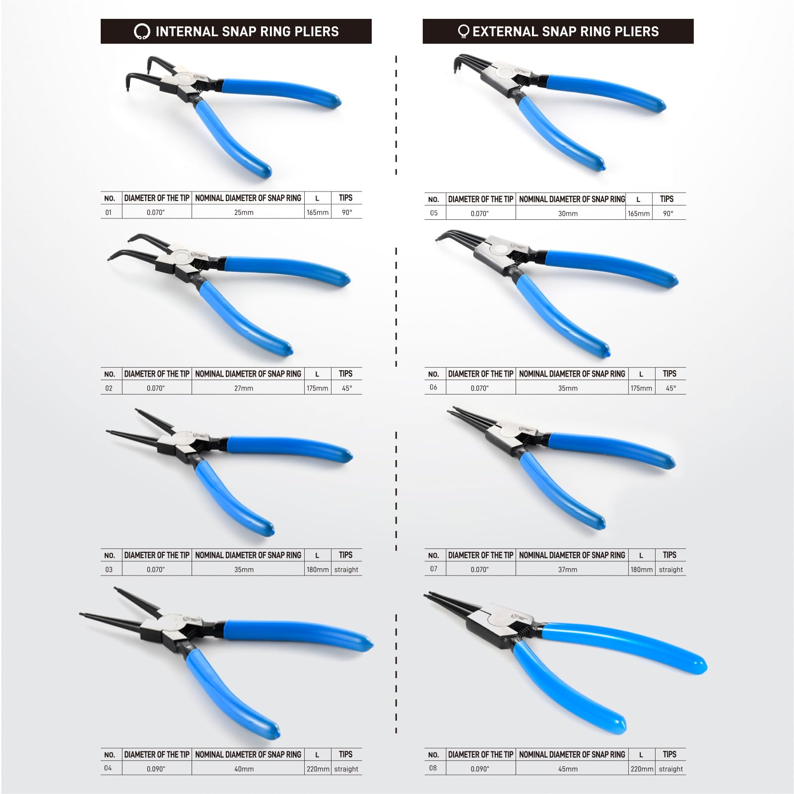 SMOTIVEPRO Set di 8 pinze elastiche professionali per anelli interni ed esterni, 170 e 220 mm, con ganasce dritte, in robusto acciaio al cromo vanadio