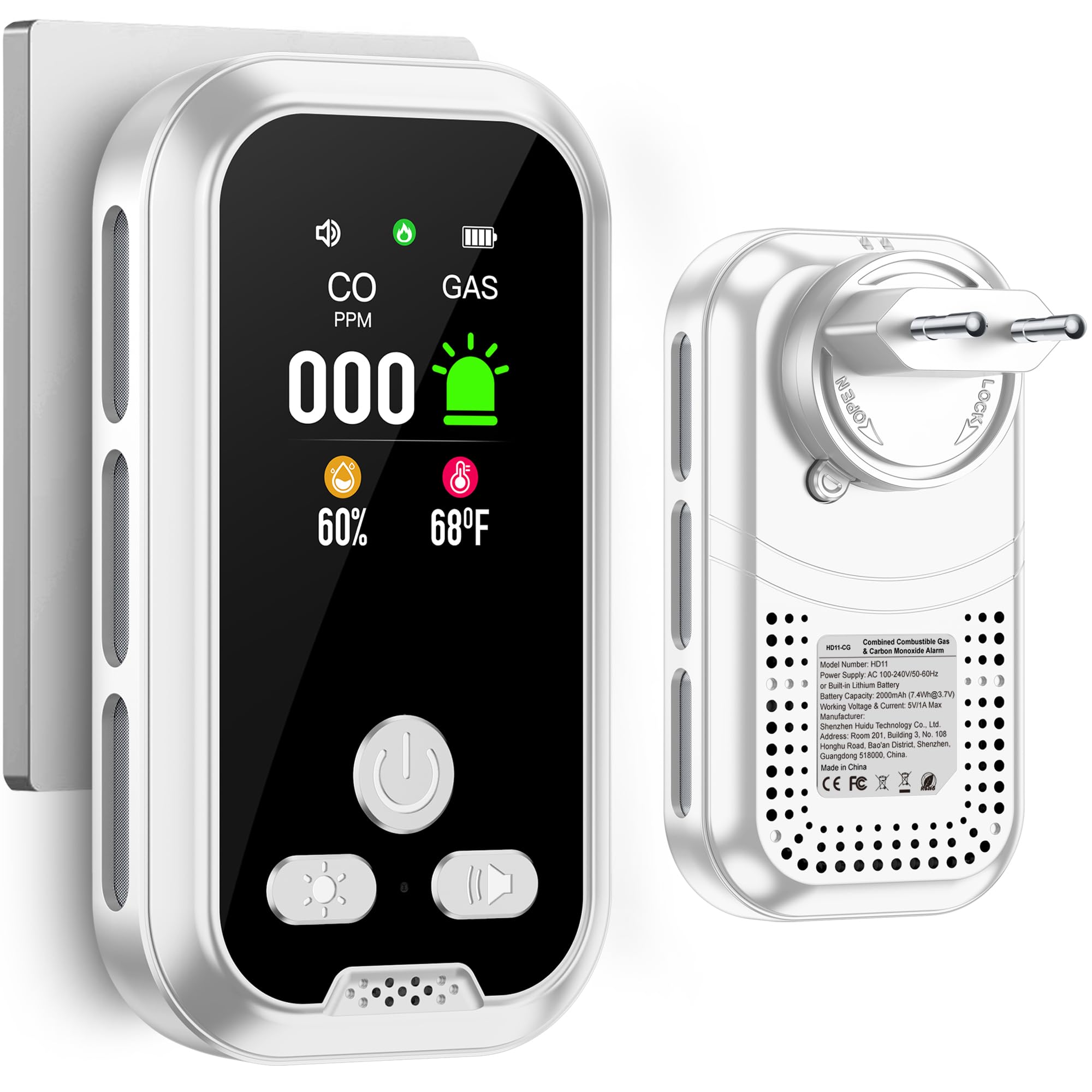 Detector de Gas y Monóxido de Carbono con Enchufe para Hogar, Alarma de CO para Casa, Alarma de Gas Combustible para Gas Natural LPG Metano Propano Butano, Blanco, HD11-CG