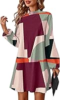 Yajedo Women's Crew Neck Midi Dress Long Lantern Sleeves Flowy Swing Flare Fall Winter Casual Dress