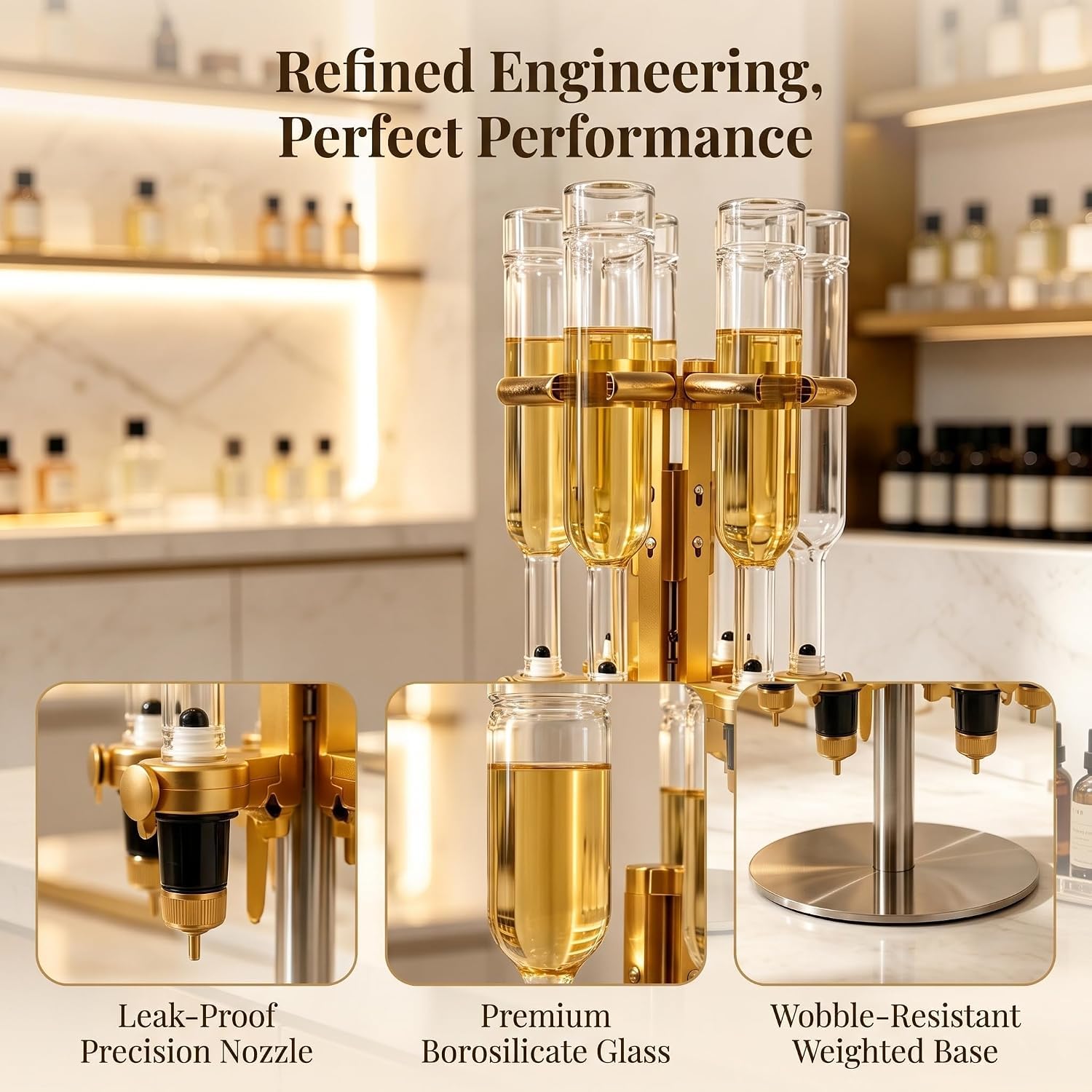 Stazione di Erogazione di Profumo Liquido, Riempitrice di Liquido da Tavolo per Profumo, con 6 Bottiglie (500 Ml), Teste della Pompa Regolabili, Pompa di Ricarica Manuale del Profumo, Rack per
