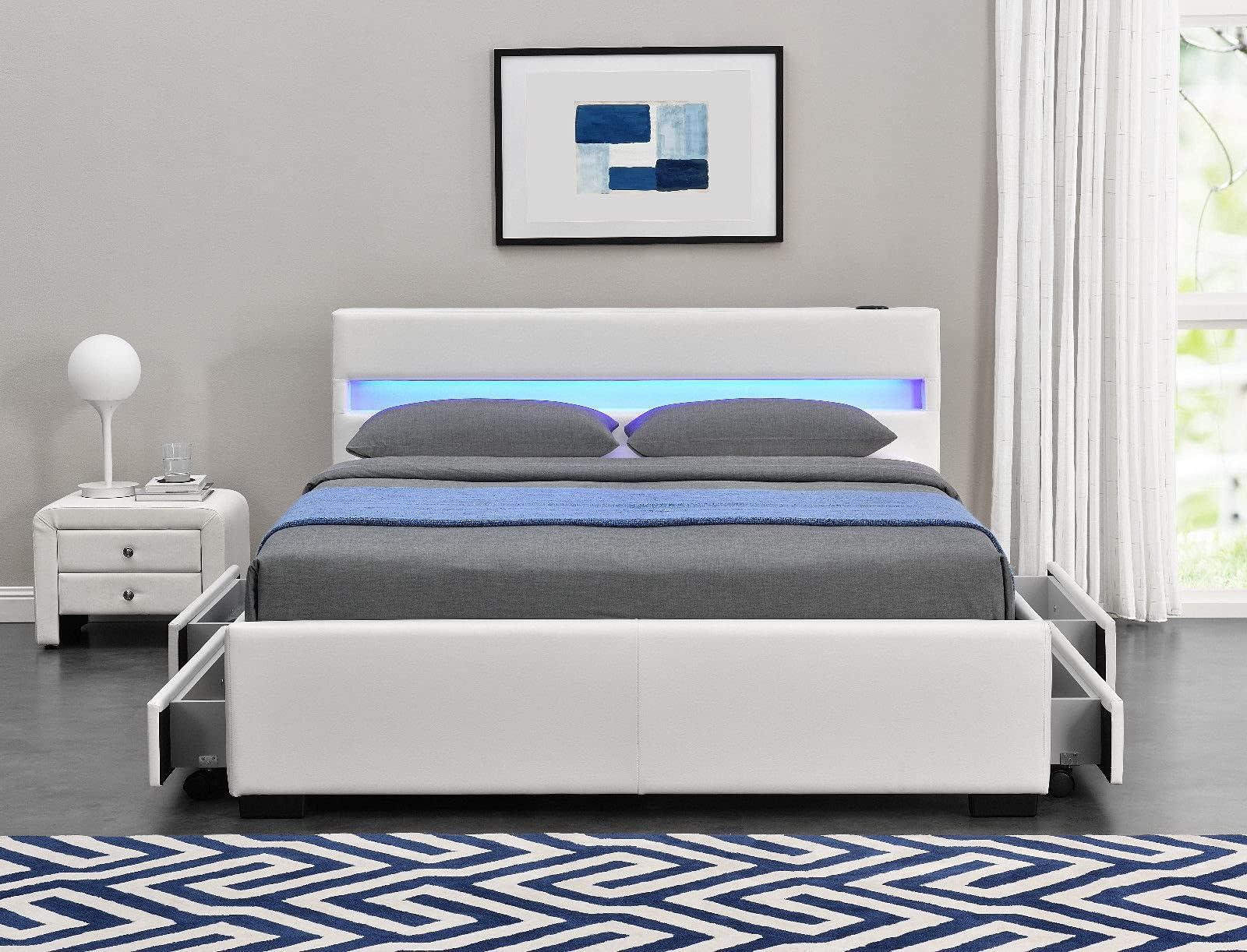 Exclusive Harmin Designer Musical, Bluetooth LED Colour Changing Faux Leather Bed Frame with Remote for LEDs (White, 4ft6 Double)