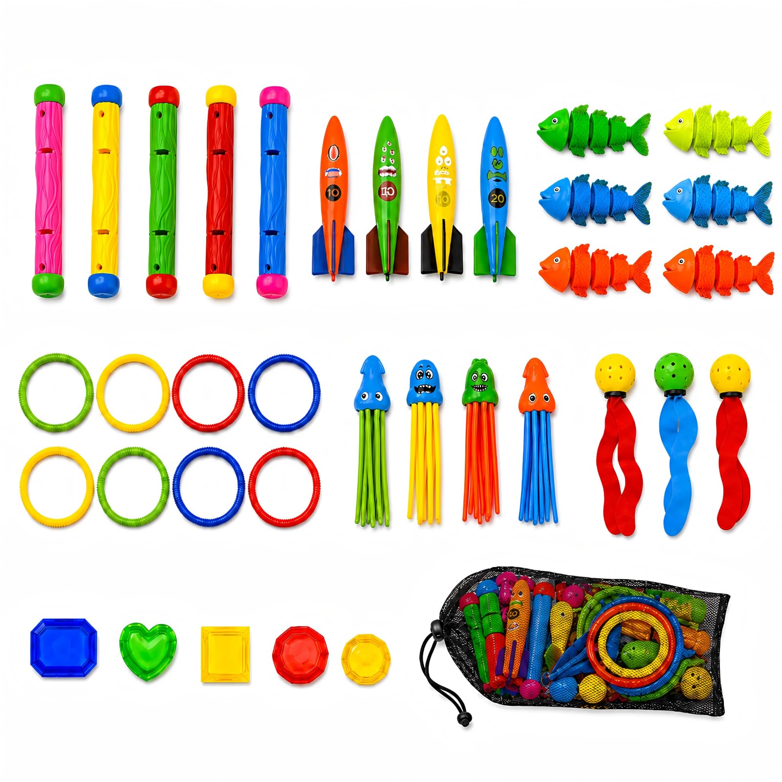 35 PCS Diving Pool Toys Sinkers for Kids Ages 3+, Underwater Swimming Pool Toys Set with Storage Bag, Includes Dive Sticks, 8 Diving Rings, Torpedo Bandits, Treasure Toys, Fish and Octopus for Pool Ga