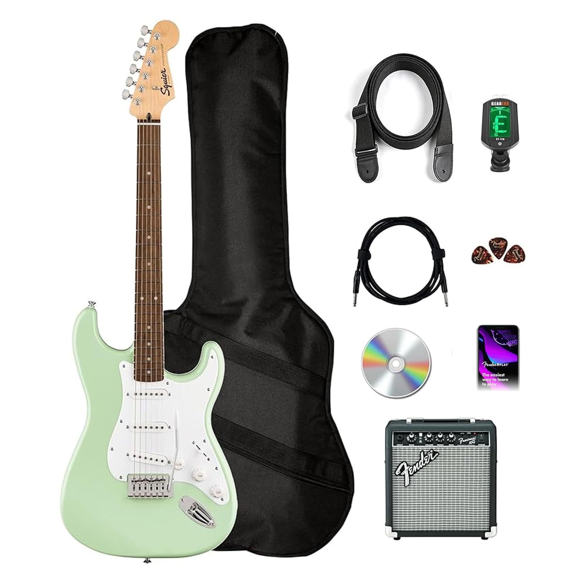 Fender Squier Sonic Stratocaster Pack - Surf Green Bundle with Frontman 10G Amp, Gig Bag, Cable, Strap, Tuner, Picks, and Austin Bazaar Guitar DVD