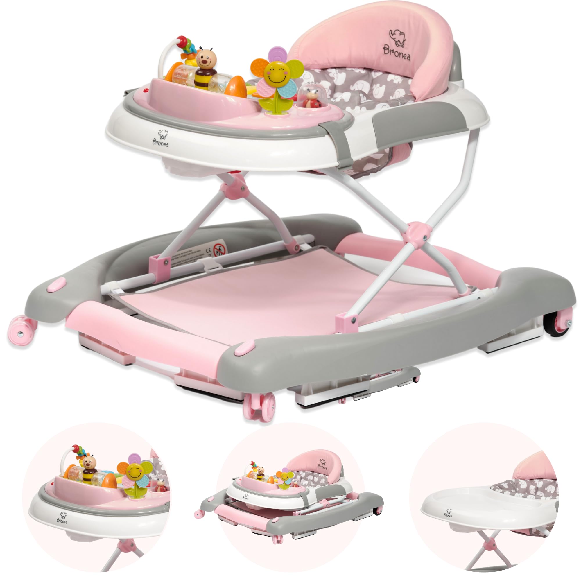 Girello 4-in-1 per Bambini con funzione altalena e pannello di gioco con musica | Regolabile in altezza e pieghevole | Con ruote silenziose e freno