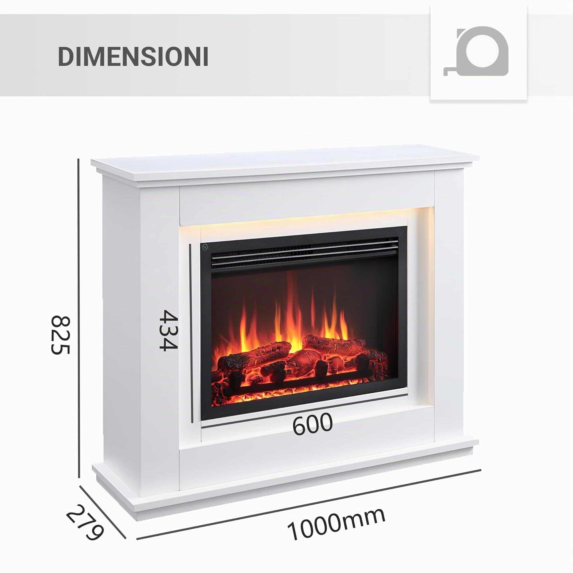 BALDERIA camino elettrico Baldur | Caminetto elettrico a pavimento con effetto fiamma 3D | Riscaldamento elettrico 2000 W | Focolare con app, telecomando, timer, termostato | Bianco