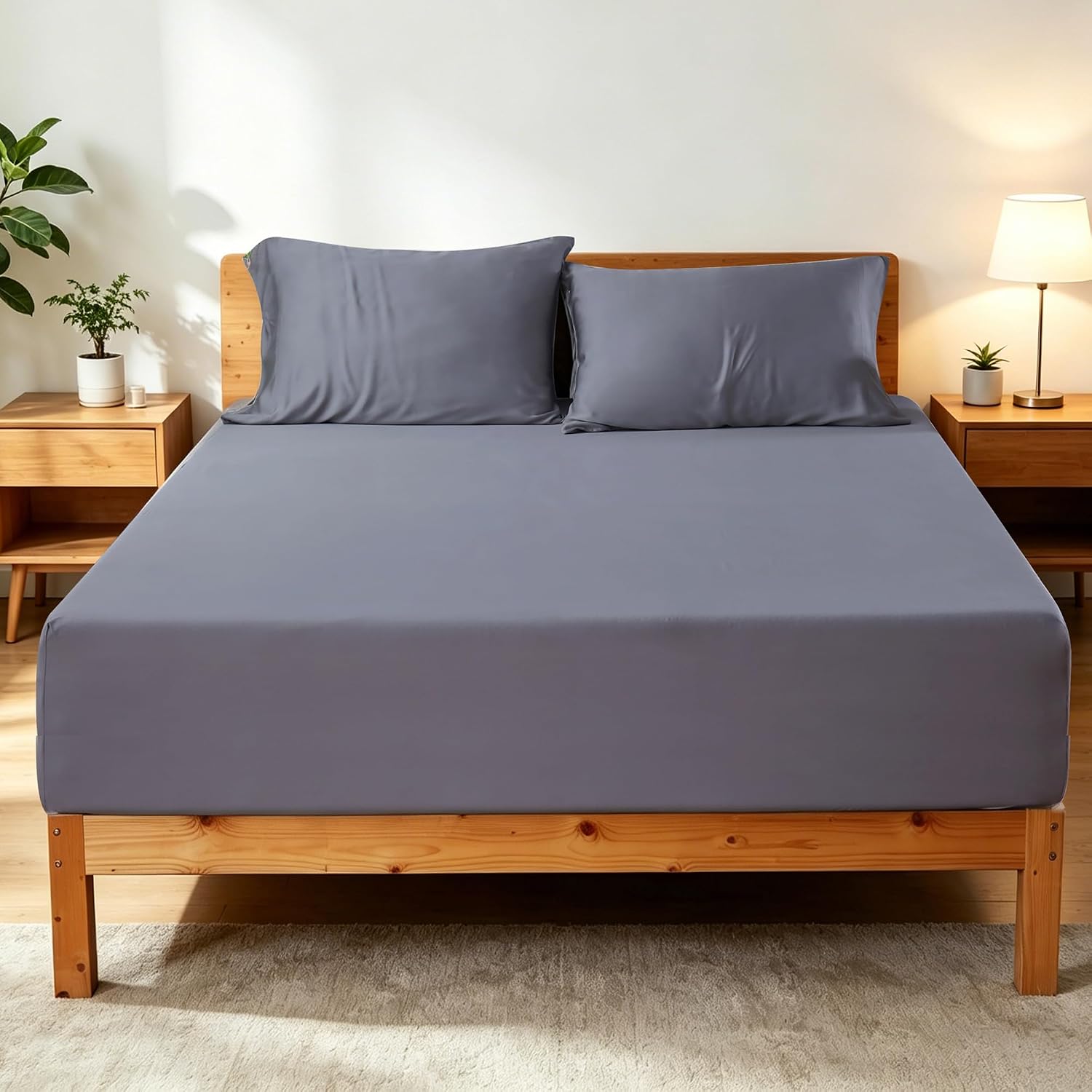 Bamboo Viscose Fitted Sheet with 16" Deep Pocket, Hotel Luxury Silky Bottom Sheet, Ultra Soft 400 Thread Count Fabric, Cooling for Hot Sleepers (Dark Grey Full)