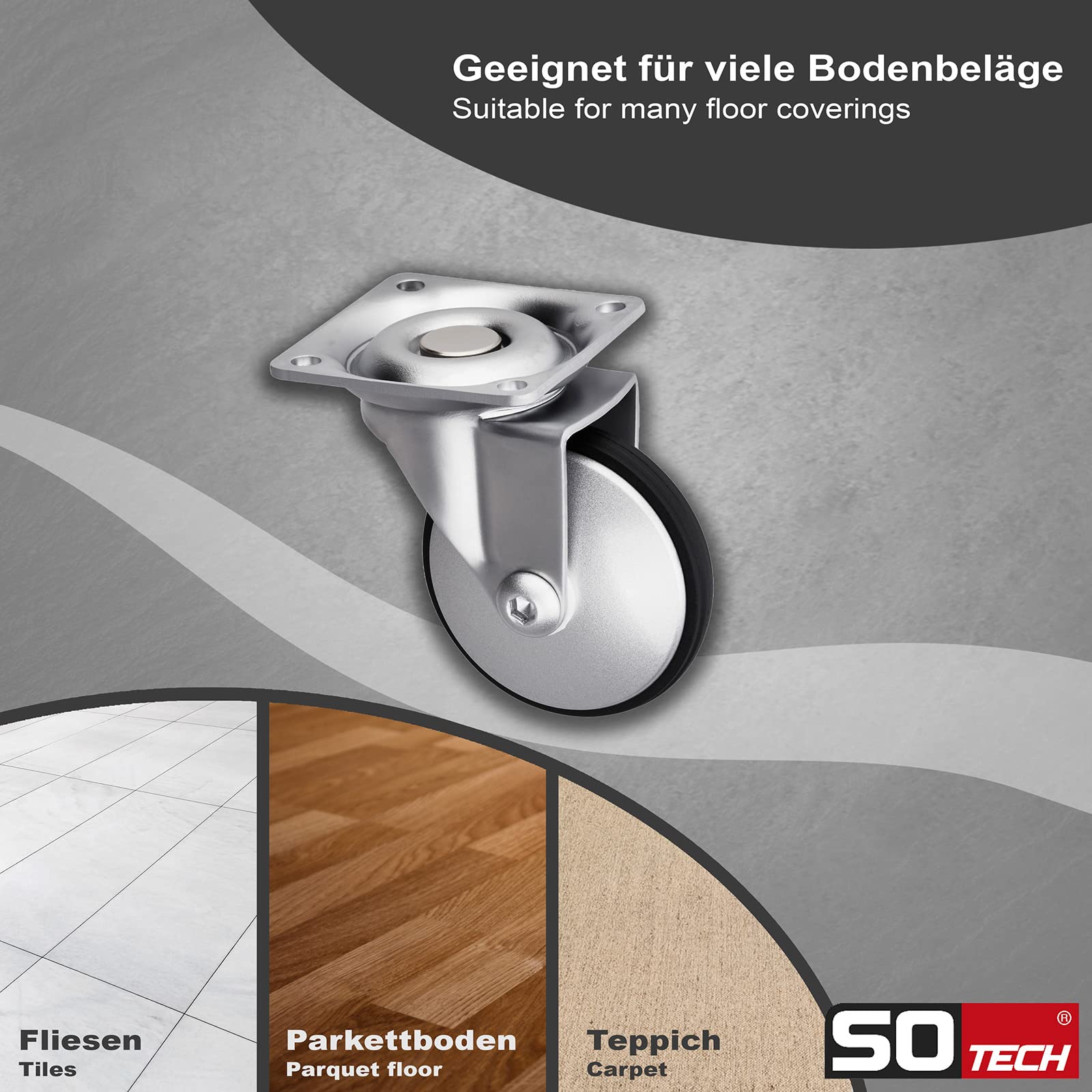 Sotech 4er Set Design-Möbelrolle LINDAU (Ø 75 mm, 35 Kg Tragfähigkeit pro Rolle, 360 Grad drehbar, mit Montageplatte, silbergrau) Transport-Lenkrolle, leise und bodenschonend