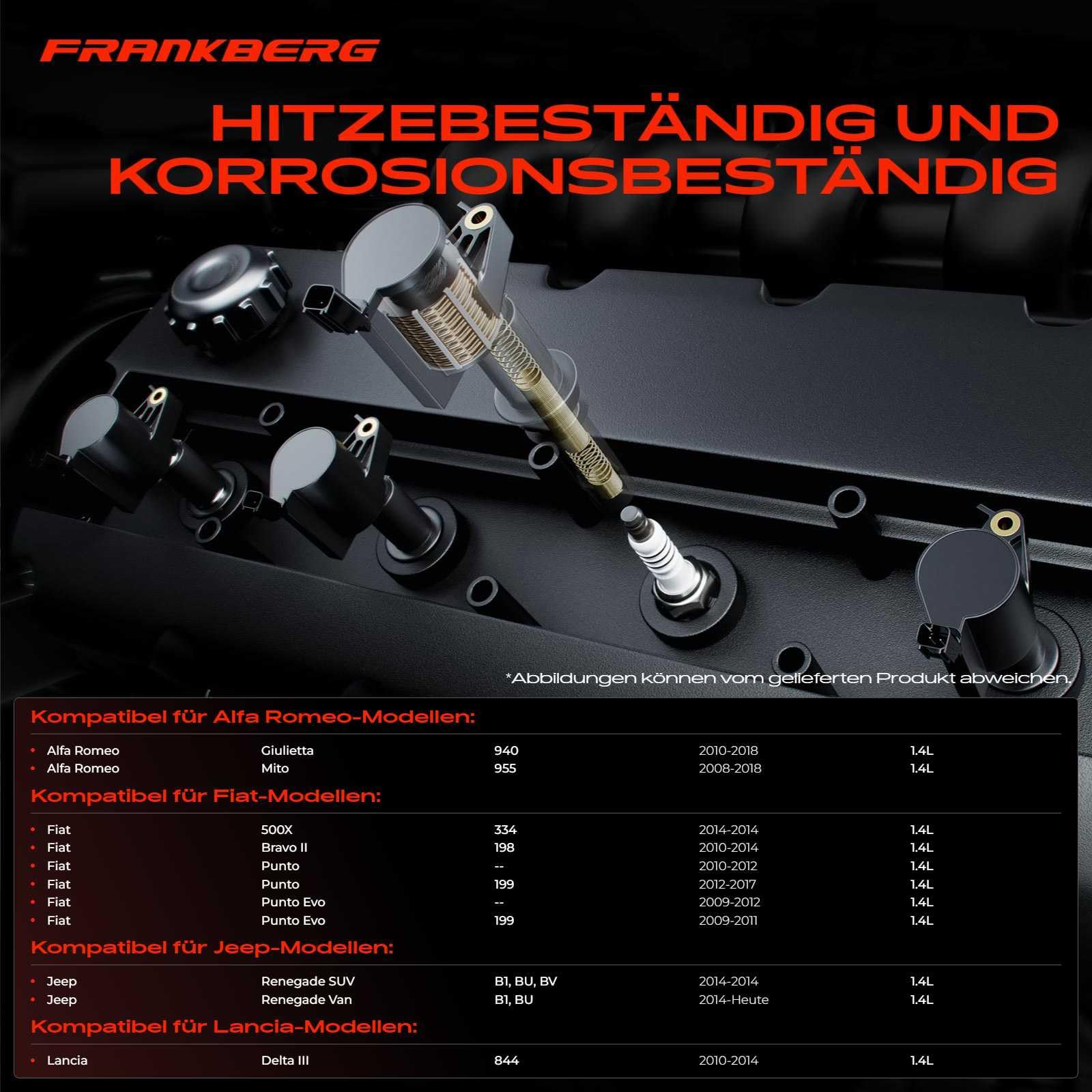 Frankberg bobine di accensione + 4 candele a 3 Poli 55229959 | Compatibile con: Giulietta 940, Mito 955, Giulietta box/hatchback 940, Renegade Van B1 BU, Bravo II 198, Delta III 844