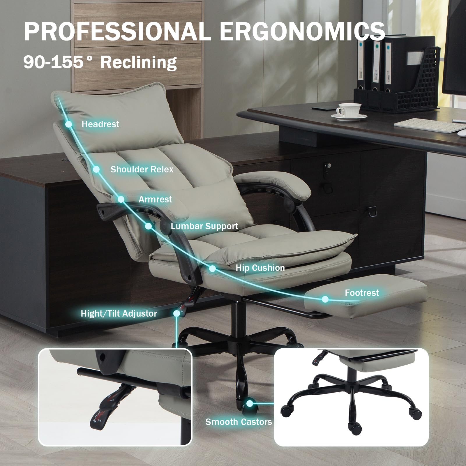 Home Office Desk Chairs Executive Office Chair 155 Reclining Office Chair with Footrest Leather High Back Comfy Computer — view 4
