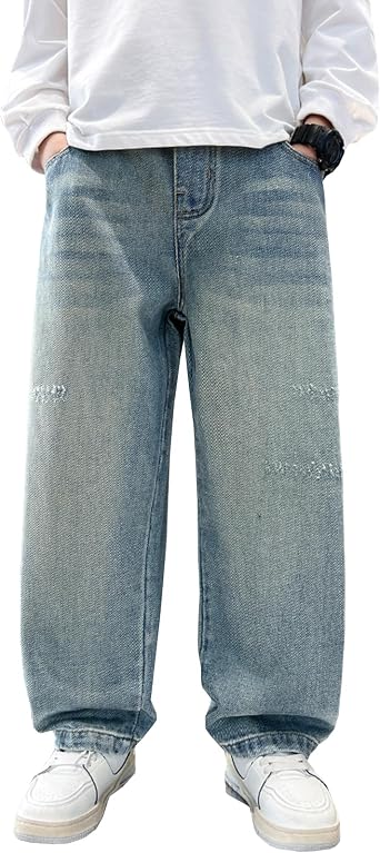 Boys Straight Leg Baggy Jeans Kids Boys Elastic Waist Casual Loose Pull On Denim Pants with Pockets 5-14 Years