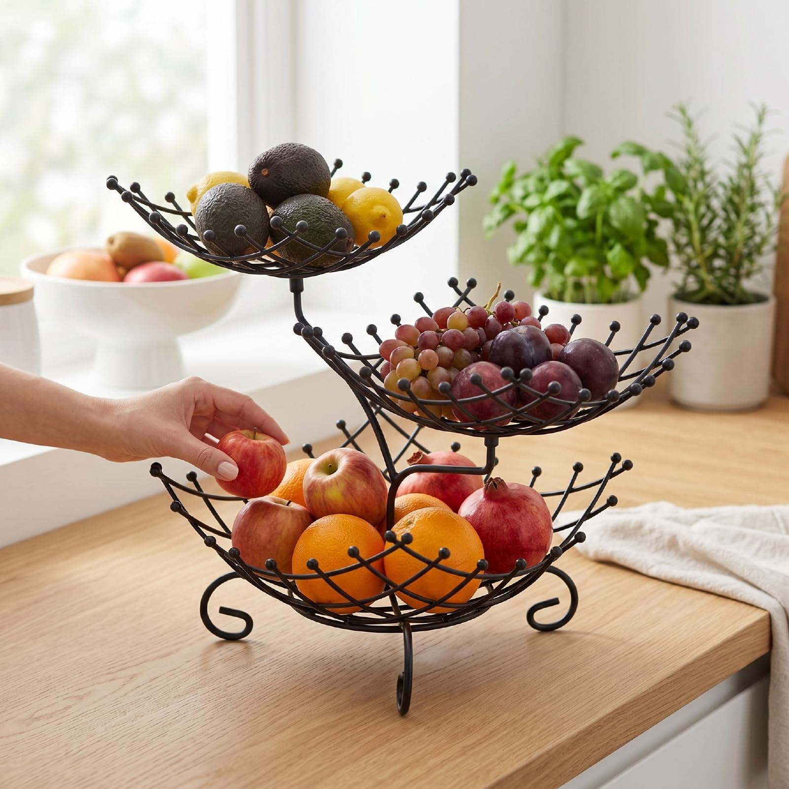 Cesto per Frutta in Metallo a 3 Livelli, Organizer per Frutta Ben