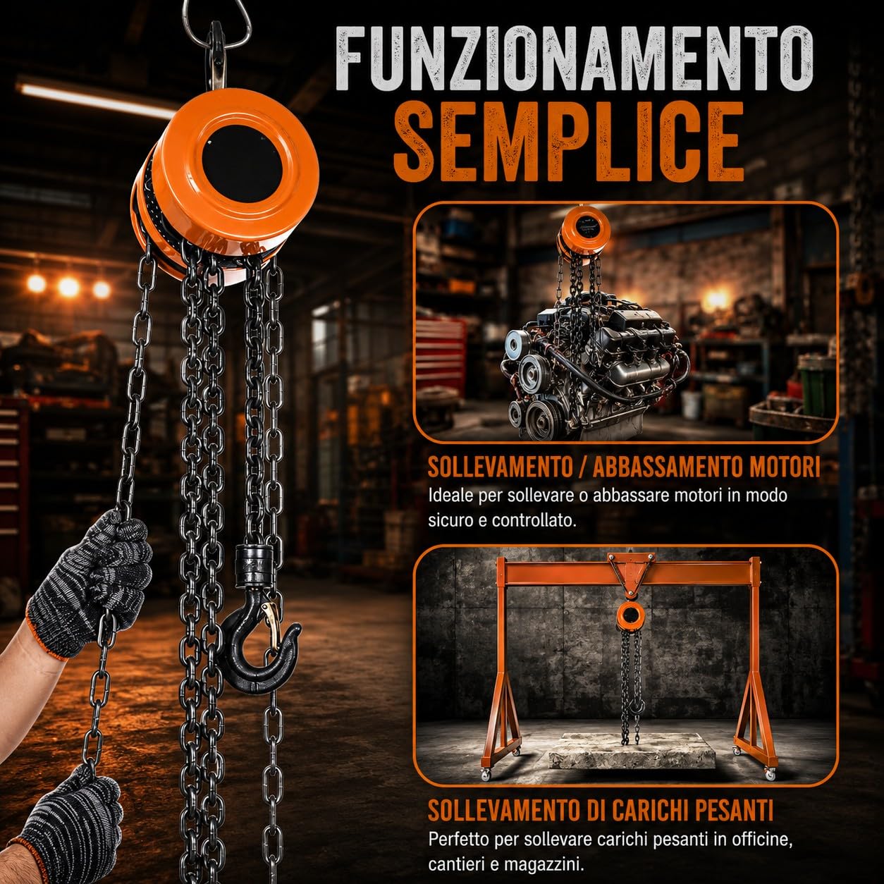 Paranco a Catena Manuale 5000KG Argano Sollevatore Altezza Sollevamento 3 Metri con Gancio Robusto Girevole 360° Catena Acciaio G80 per Garage, Motore Auto, Sollevamento per Carichi Pesanti