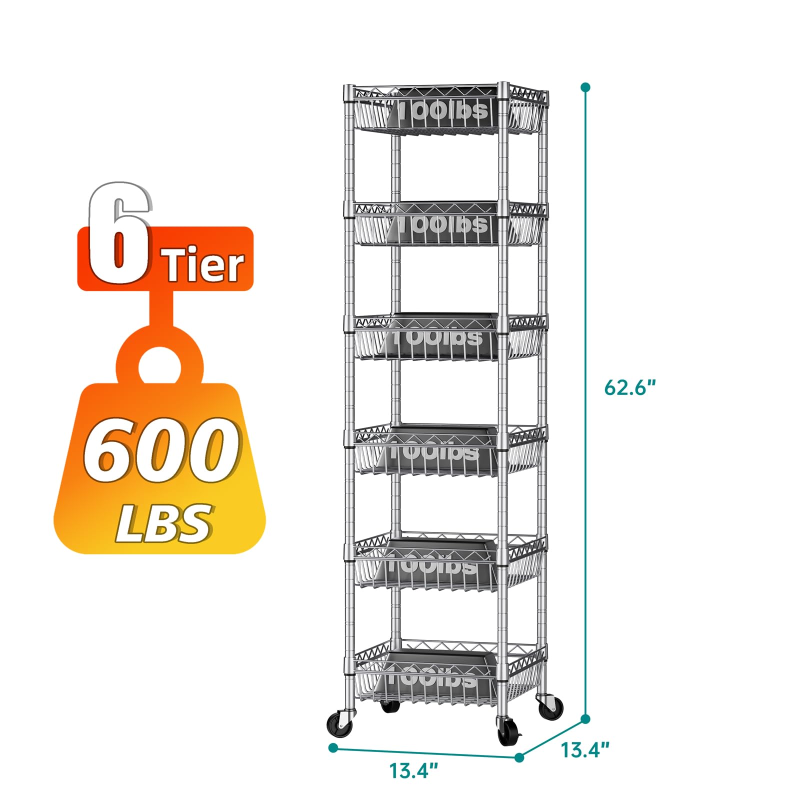 SINGAYE Estantería de almacenamiento ajustable de 6 niveles, unidades de pie con ruedas, organizadores de estantería de alambre, despensa de metal, cocina, lavandería, 34.3 cm de profundidad x 34.3 cm