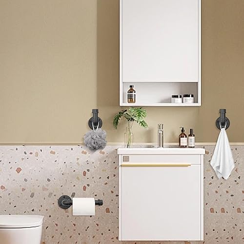 Miniatura 8 de Juego de toallas de hierro industrial, accesorios de baño, accesorios de pared, 5 piezas, incluye toallero, soporte para papel higiénico y 3 ganchos