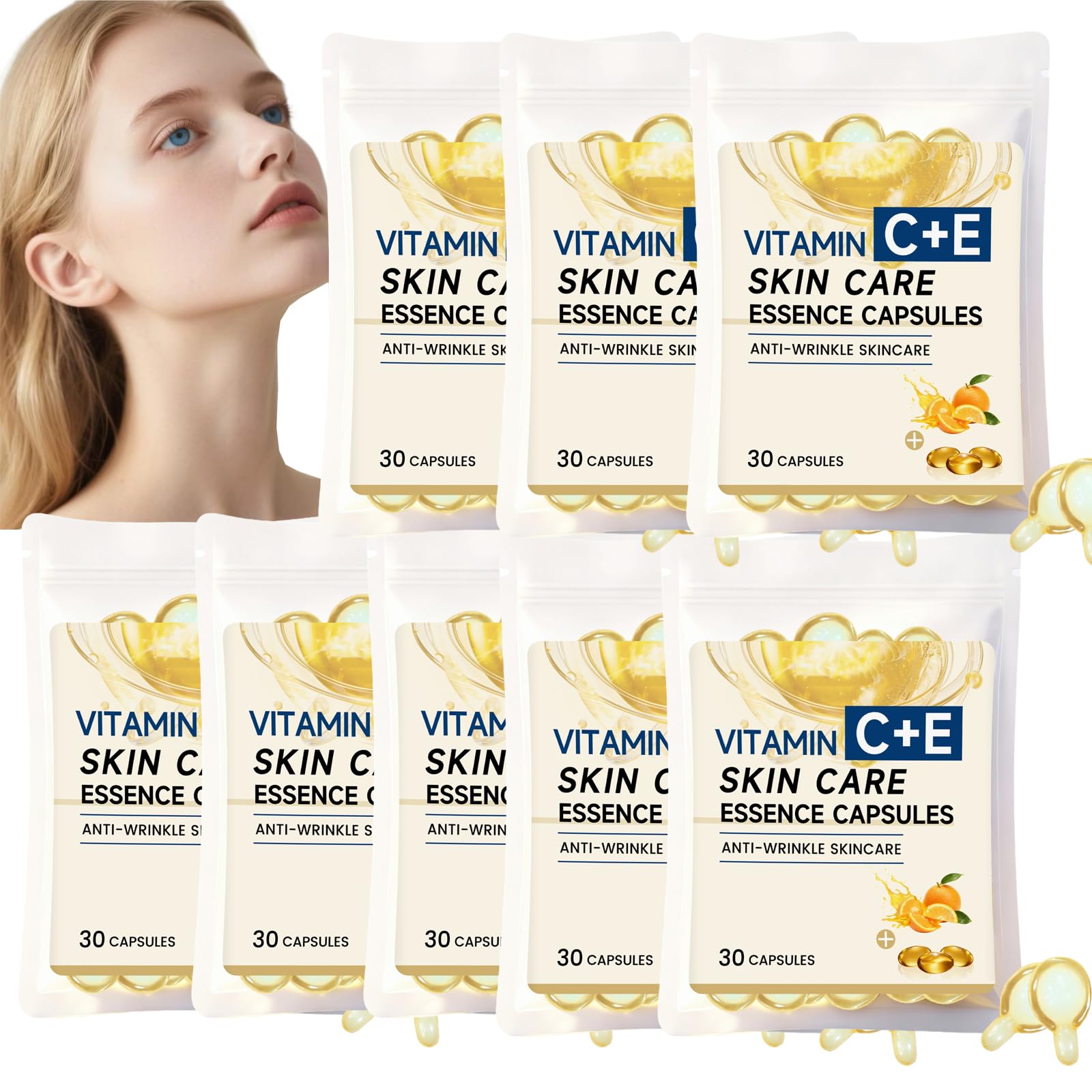 Serum z witaminą C do twarzy, 30 kapsułek, serum przeciwstarzeniowe z kolagenem, witaminą E, nawilżające, ujędrniające, wygładzające, do pielęgnacji skóry dla kobiet (8 szt.)