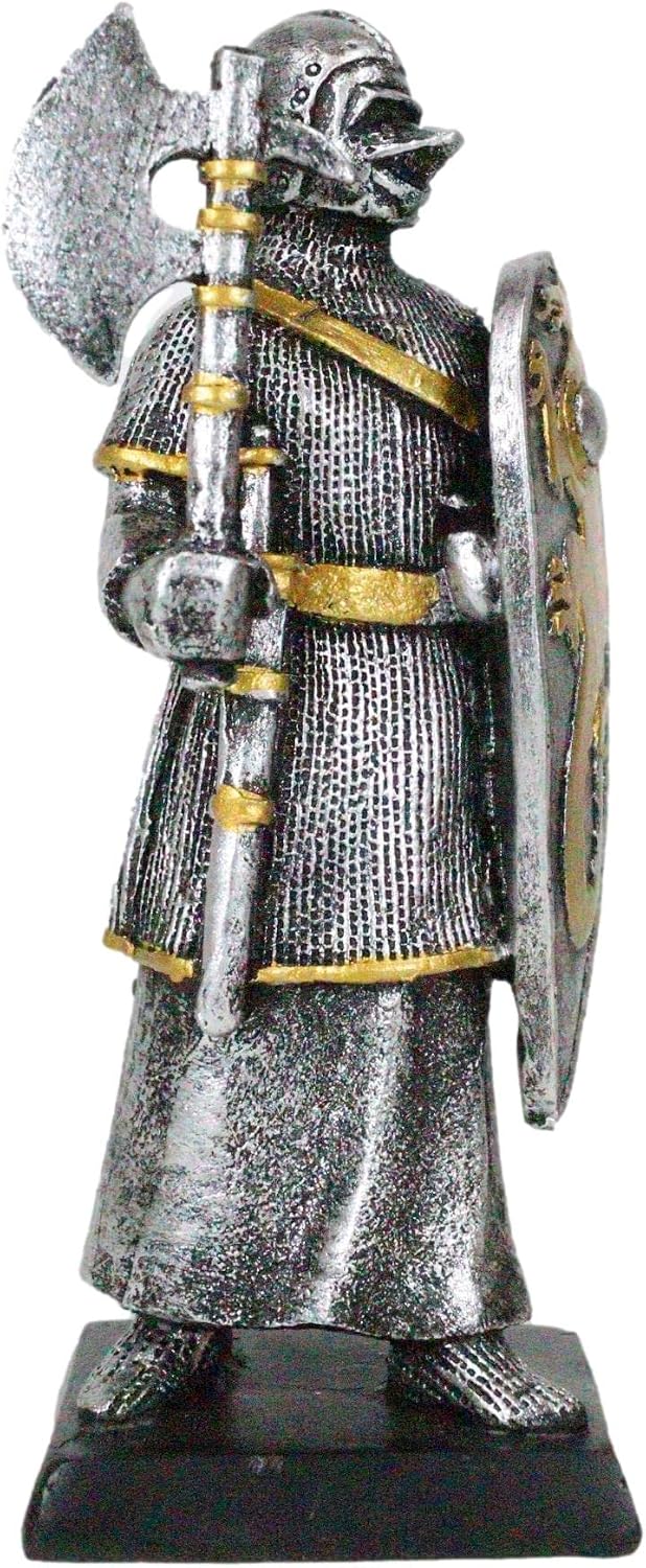 Ebros Gift Medieval Valiant Knight with Axe and Heraldry Large Shield Mini Figurine 4.25" Tall Suit of Armor Axeman Standing On Guard Age of Kings Dollhouse Miniature Decorative Sculpture