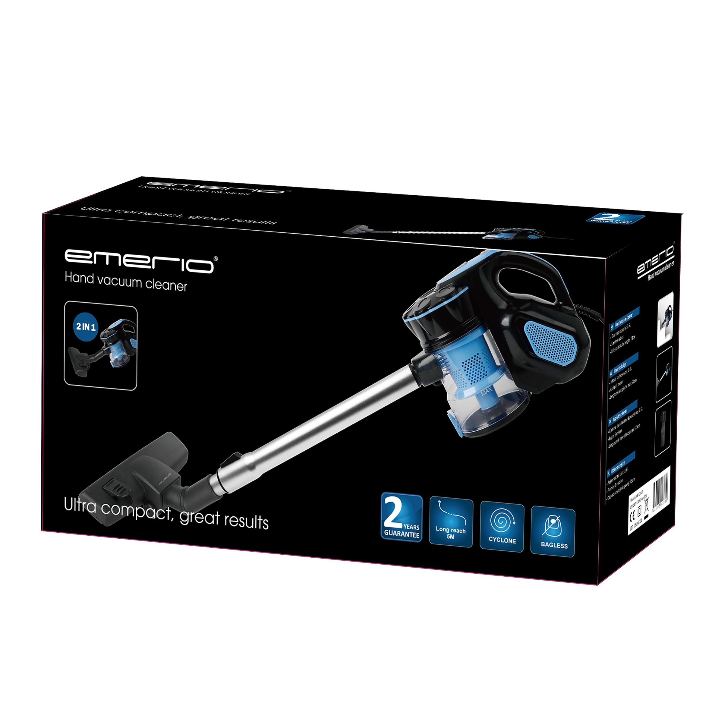 Emerio Staubsauger Zyklon 2in1 Hand- & Bodensauger mit starken 600 Watt, HEPA Filter, kraftvoller 17.000 Pa Saugkraft, 5m Kabellänge und verstellbares Teleskoprohr aus Edelstahl | UVE-123109