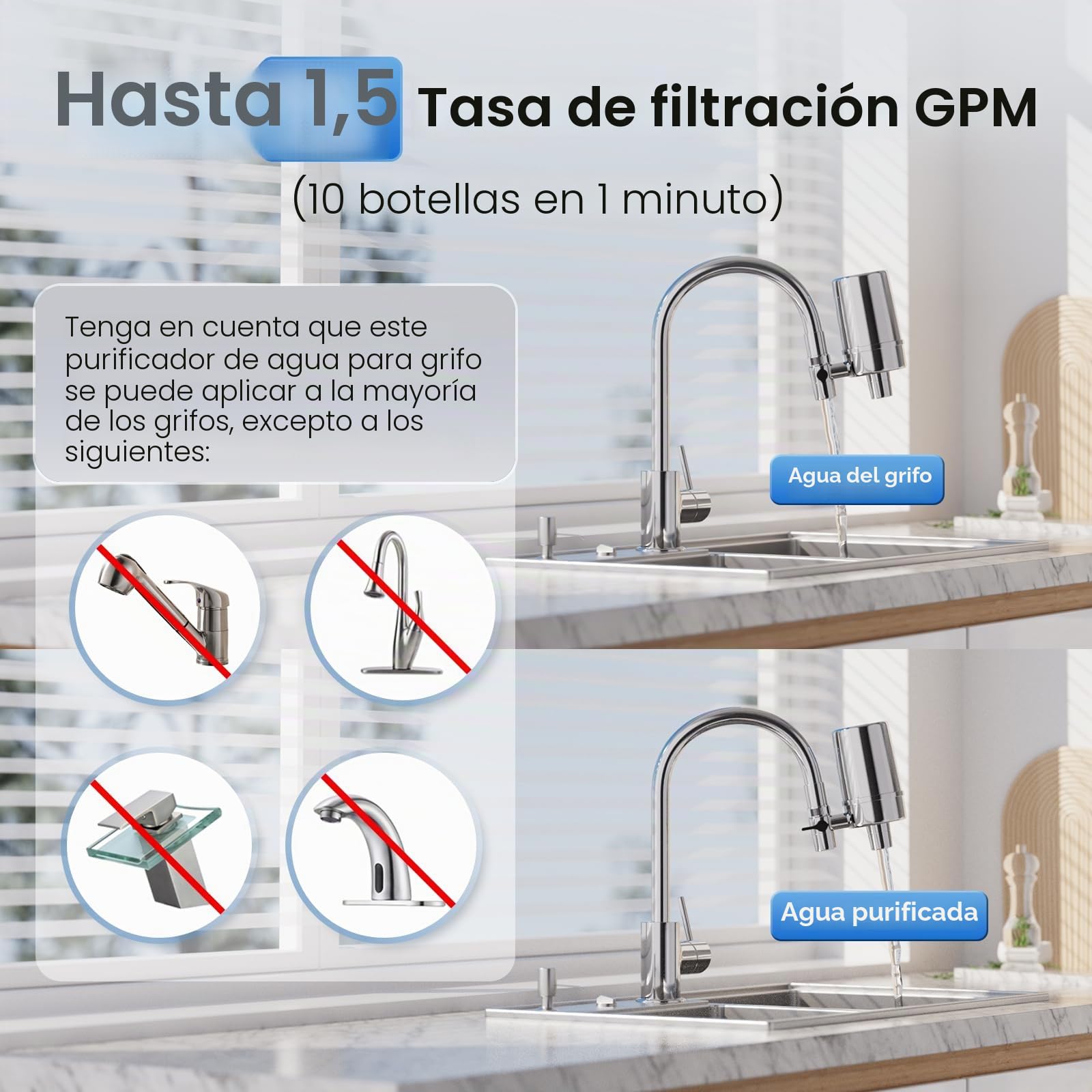 iSpring DF2-CHR Filtro de Agua para Grifo para Fregadero de Cocina, Baño o Caravana, 500 Galones de Larga Duración, Acabado Cromado