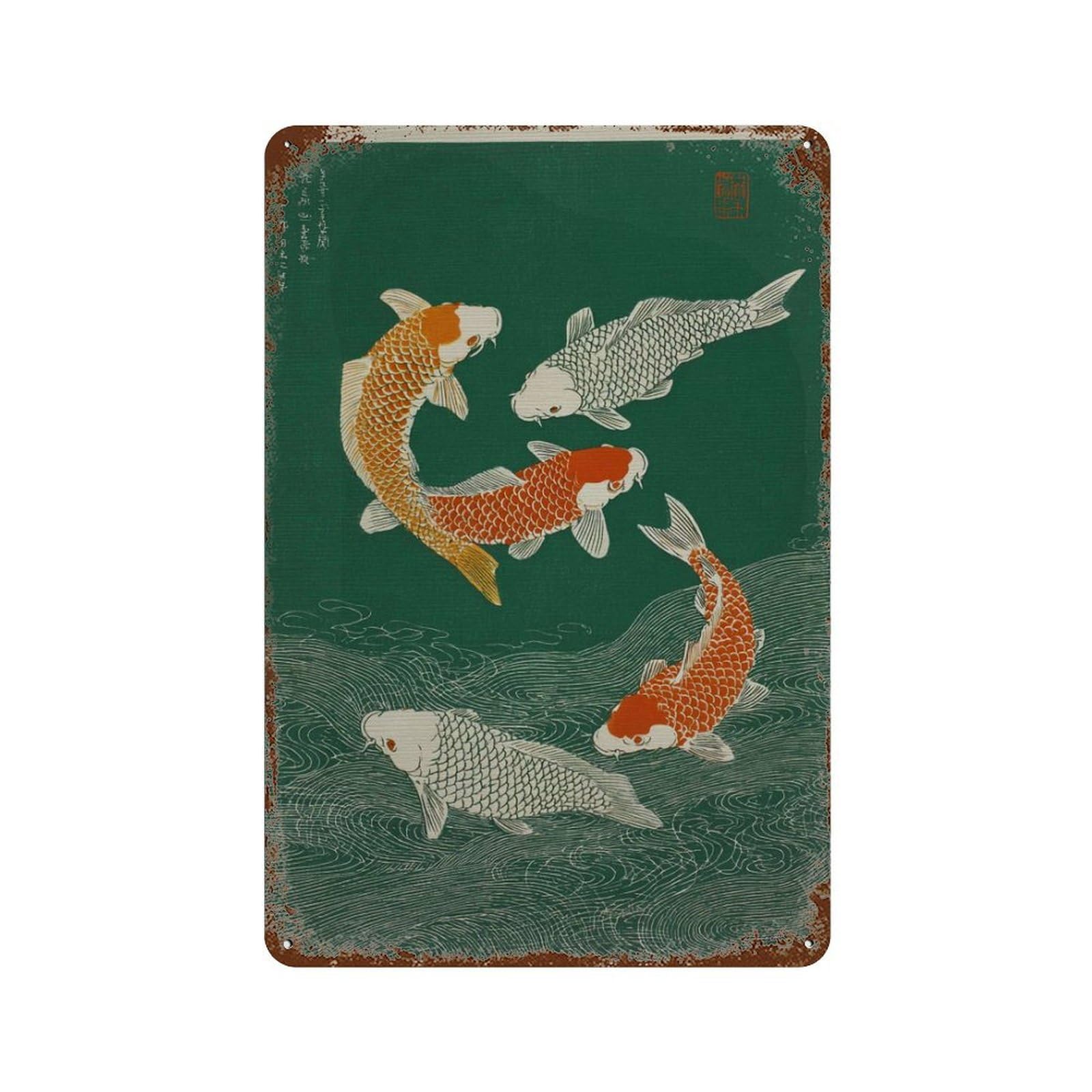 xiaoxiaoshen Japanese Koi Fish Traditional Asian Water Oriental Zen Home Work Wall Decor Art Metal Tin Poster Modern Home Decor Art Home Bar Shop Decorations Vintage Sign 30x20cm