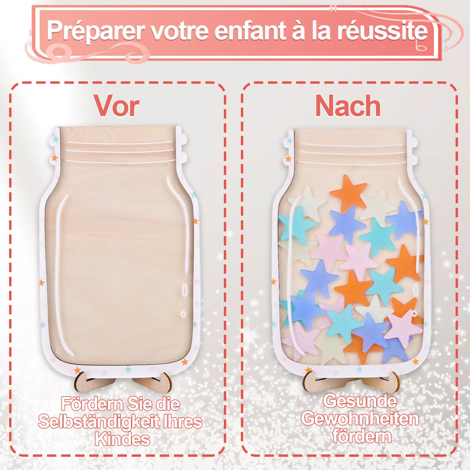 Magnetisches Belohnungsglas Für Kinder | Personalisierbar | Mit Holzständer & Spielsteinen | Für Zuhause & Schule
