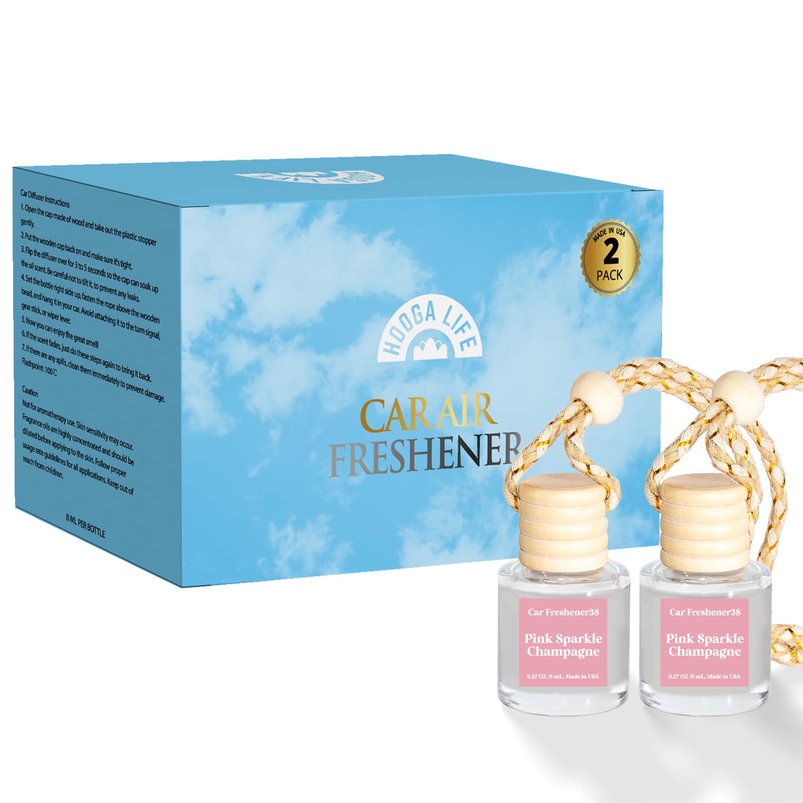 HoogaLife Car Air Freshener Diffuser 2 Pack Hanging Air Freshener Diffuser - Pink Sparkle Champagne Fragrance Oil Air Diffuse r for Car, 45+ Days Long Lasting Fragrance Made in USA