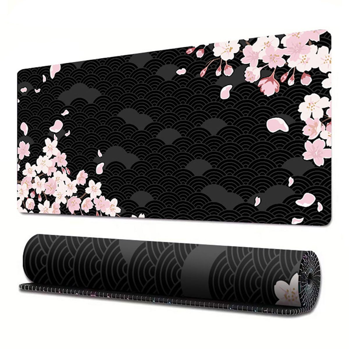 ECVV Gaming Mouse Pad XL - 80x30cm Large Mouse Mat with Anti-Slip Rubber Base for Keyboard and Mouse, for Home and Office（Black Wave Cherry Blossoms）