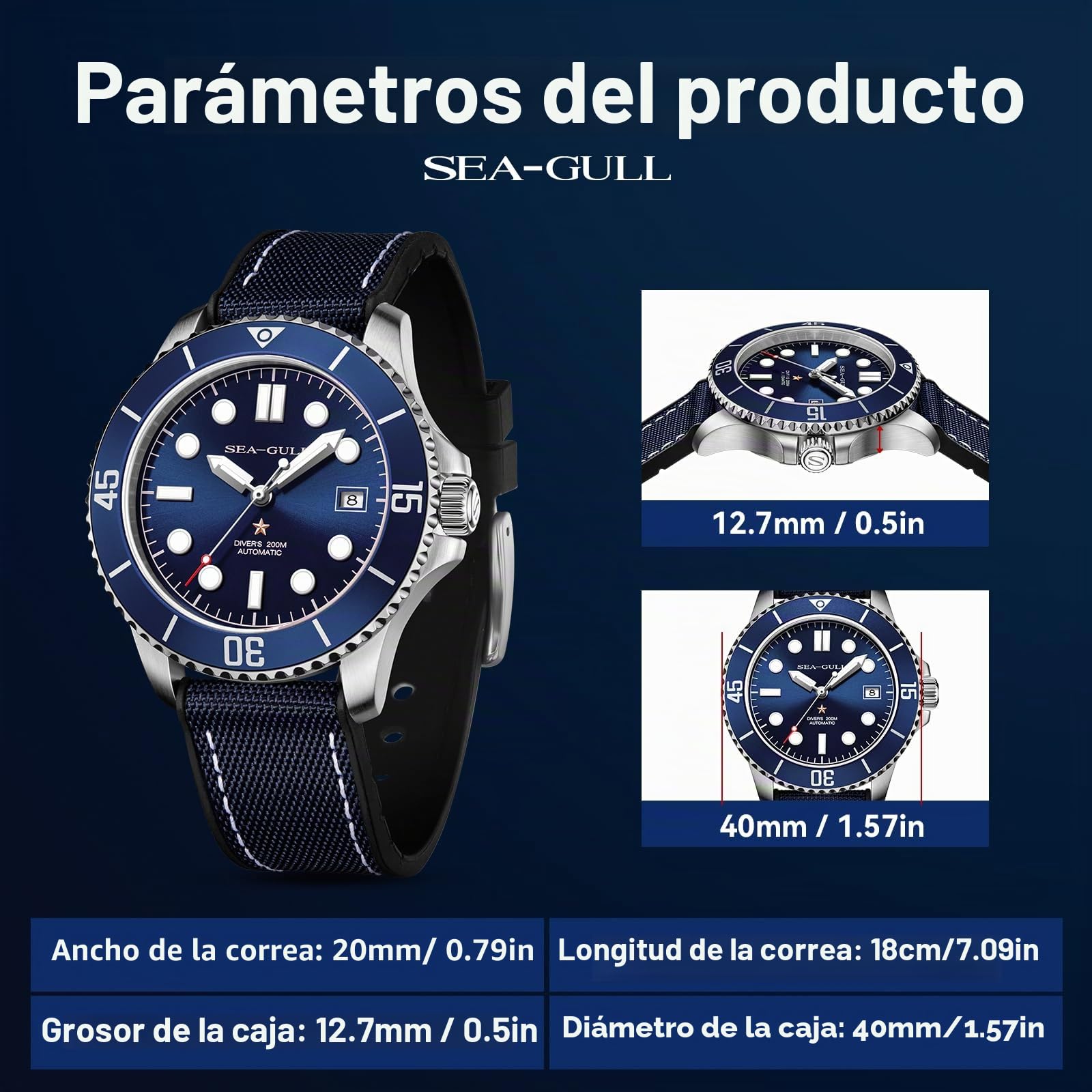 SEA-GULL Reloj de buceo mecánico automático para hombre, resistente al agua hasta 200 m, reloj de pulsera con calendario luminoso, 40 mm, serie Ocean 6204