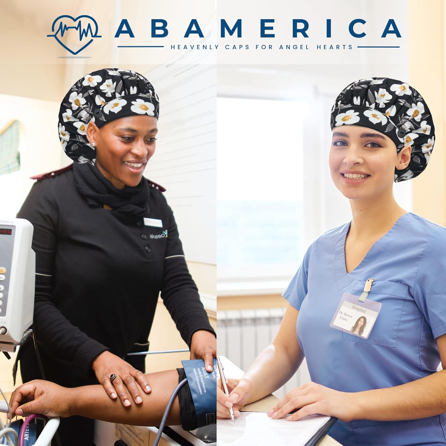 ABAMERICA 2 Pack Bouffant Caps with Button and Sweatband, Adjustable Scrub Caps for Women Men, One Size Multi Color - Image 3