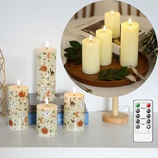 Lezonic Ivory Flameless Candles with Remote, LED Battery Operated Flickering with Timer, 4 Pack Glossy Wax Drips Design Real Wax Pillar for Halloween Decor, Centerpiece, Birthday Gifts (4/5/6/8 Inch)