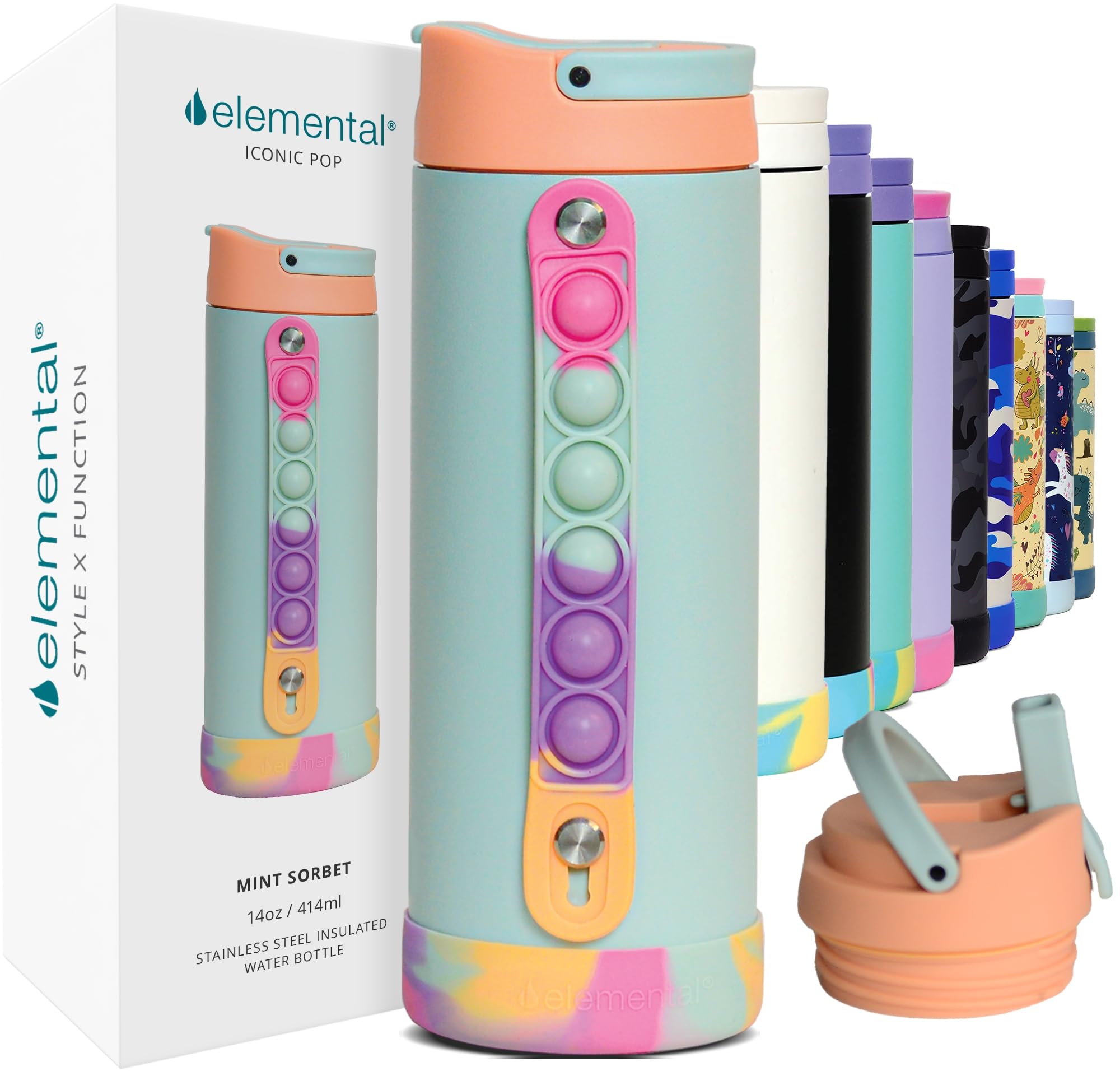 Elemental Iconic Kids Water Bottle for School - 100 Leak-Proof Insulated Water Bottles with Straw Lid Pop-It Handle