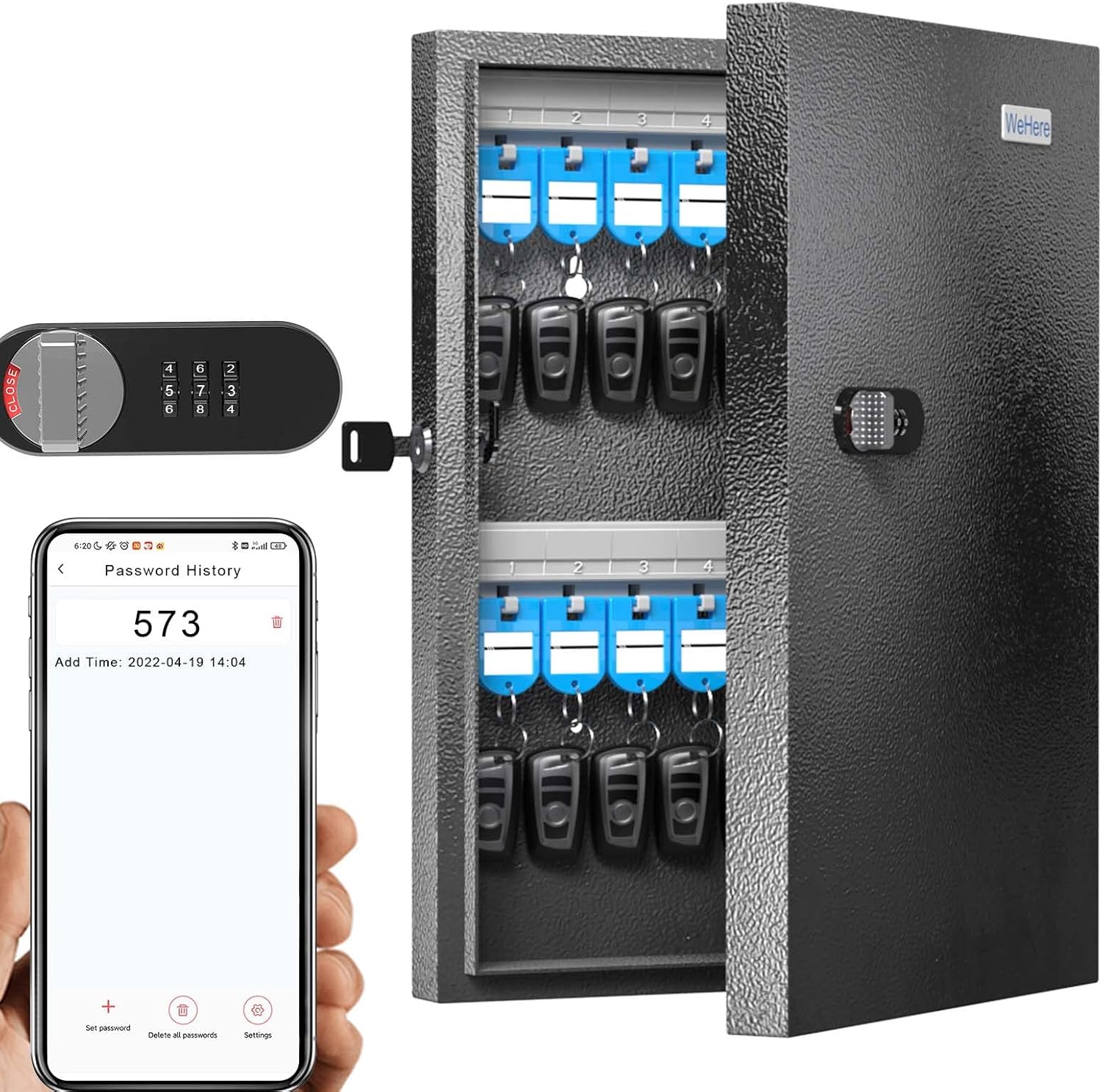WeHere Key Lock Box (32 Keys), Key Wall Mount with 32 Key Tags