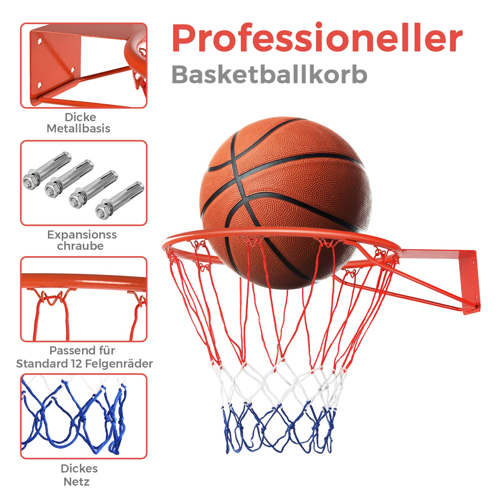 GYMAX Ø 45cm/37cm Basketballkorb, Basketballnetz mit Ring, Netz & Halterung, wetterfester Basketballring in Profigröße zur Wandmontage, für Schulhöfe & Sporthallen
