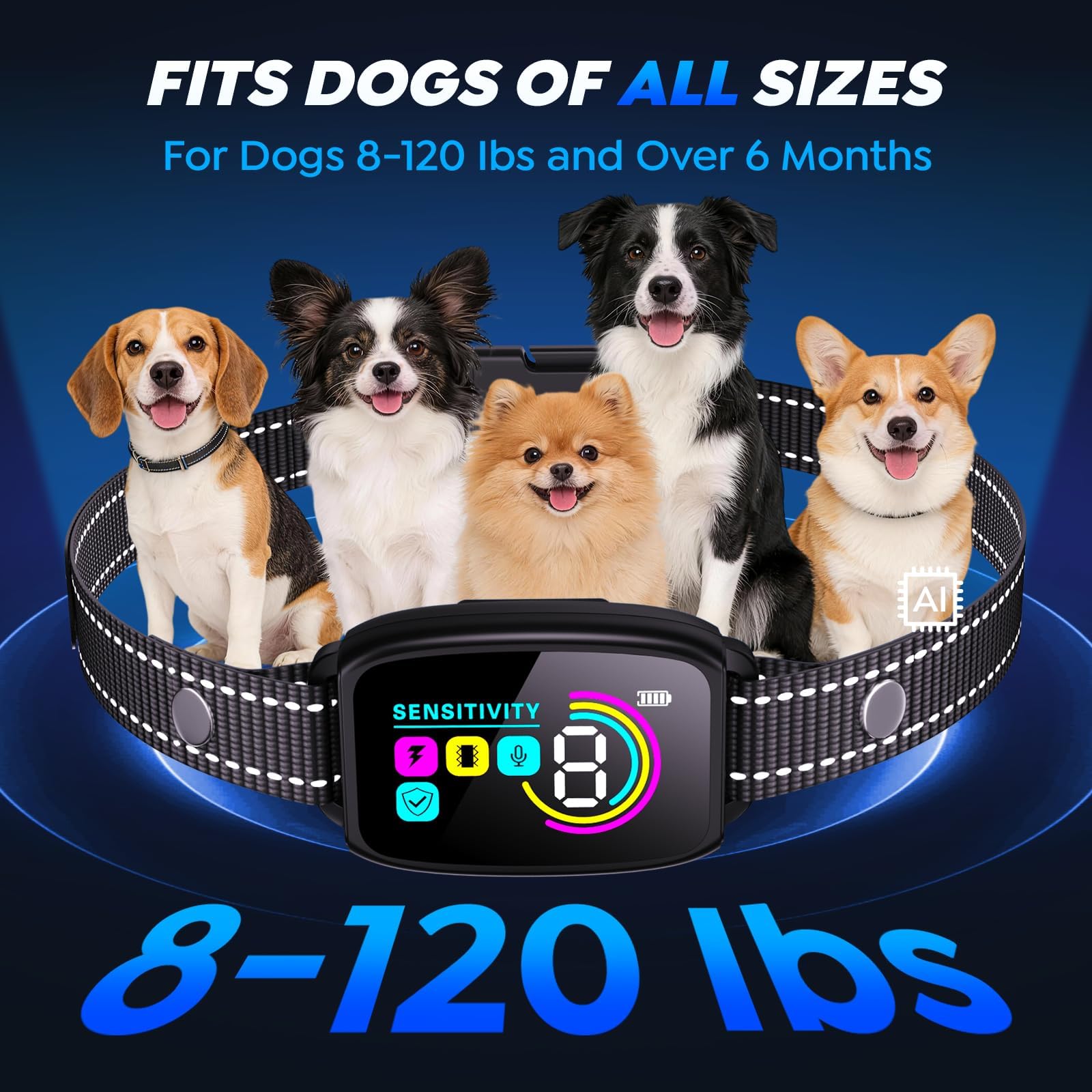 Dog Bark Collar for Large Medium Small Dogs,Smart Anti Barking Device with 4 Training Modes,Rechargeable IP67 Waterproof Barking Collar with 8 Adjustable Sensitivity (Black) — view 5