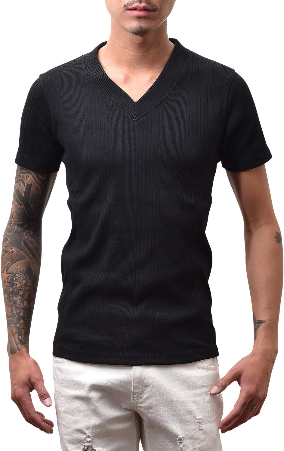 ランダムテレコVネックカットソー Tシャツ メンズ 無地 細身 半袖 6分袖 長袖 タイト モード きれいめ カットソー ロンT 半T ハンパ袖 joker (ジョーカー)