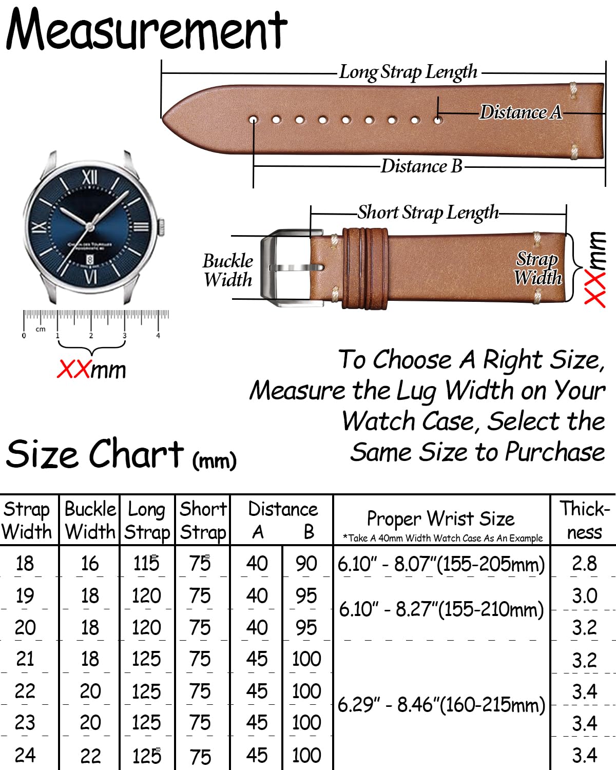 REZERO Bracelets de Montre en Cuir, Cuir de Veau Italien Top-Grain, Bracelet de Remplacement Finition Mate Vieillie pour Homme, Femme 18mm 19mm 20mm 21mm 22mm 23mm 24mm