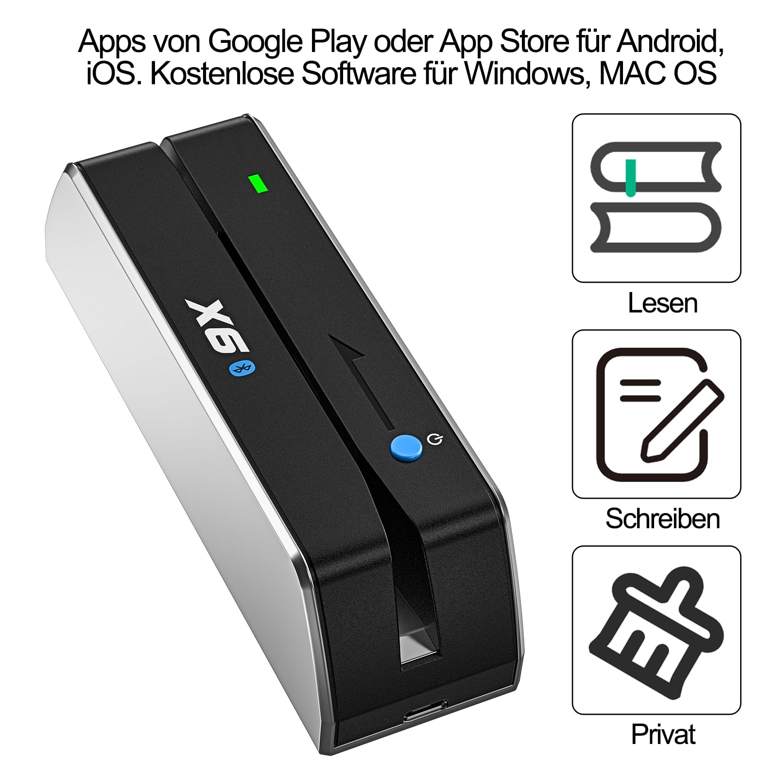 MSR 605/606 Tragbarer Bluetooth-Kartenleser USB Magnetstreifen-Kartenterminal 3-Spur-Swipe-Encoder Silber